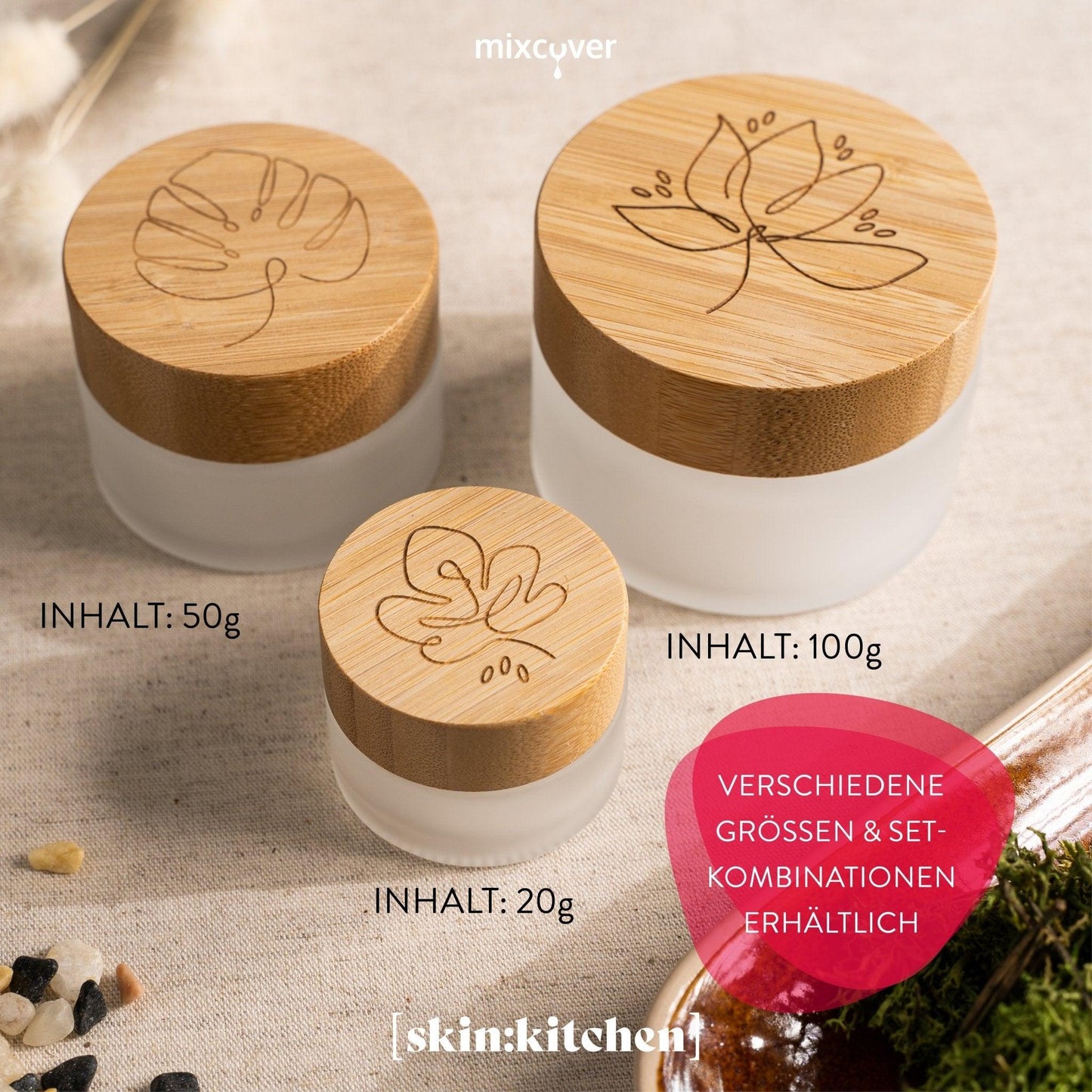 skin:kitchen Glastiegel mit Bambusdeckel & Gravur für selbstgemachte Kosmetik 3er Set 20g Frosted