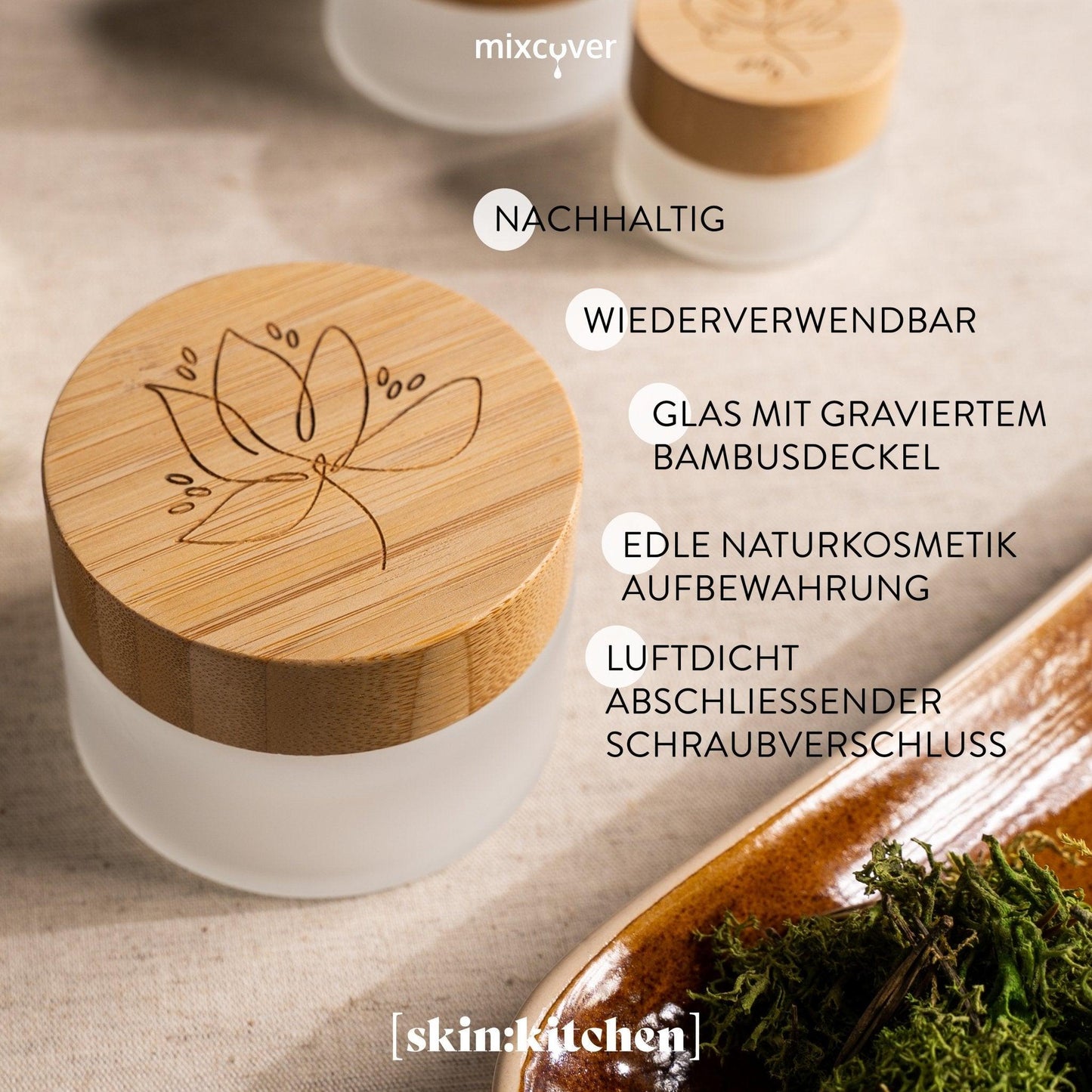 skin:kitchen Glastiegel mit Bambusdeckel & Gravur für selbstgemachte Kosmetik 3er Set 100g Frosted