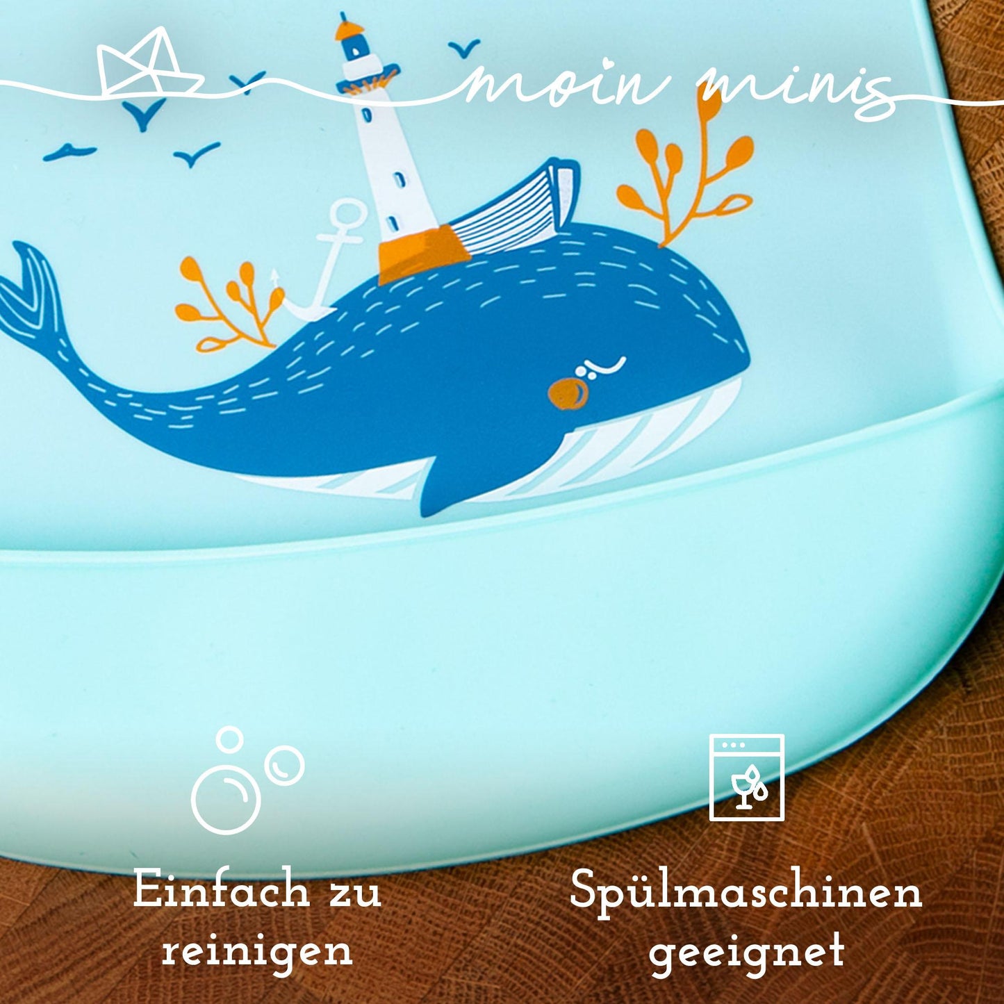 moin minis Baby Kleinkinder Silikon-Lätzchen mit Auffangschale Wal Motiv - einfach zu reinigen wasserdicht weiches Material größenverstellbar BPA-frei