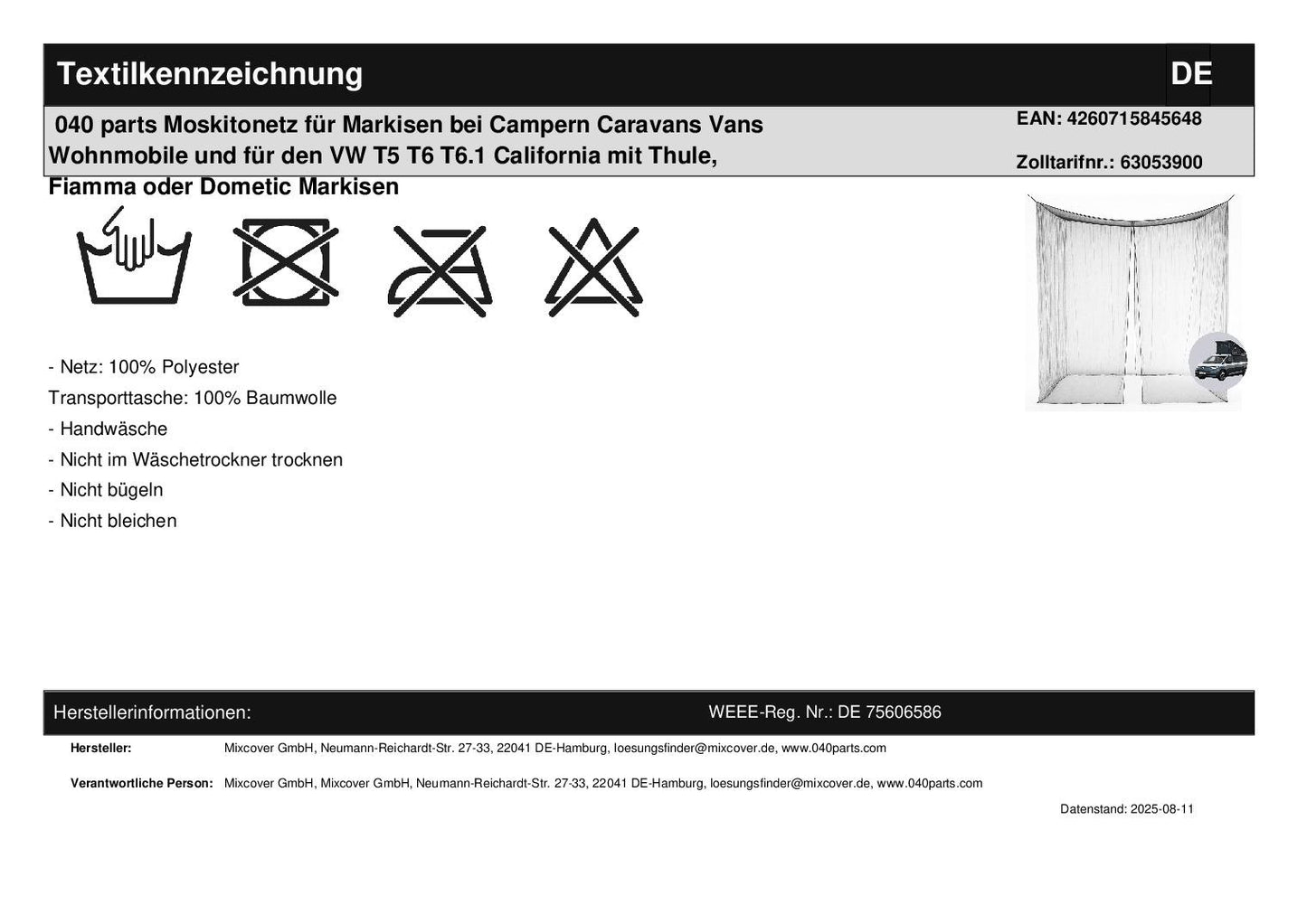040 parts Moustiquaire pour auvents chez les campeurs caravanes fourgons aménagés et pour le VW T5 T6 T6.1 California avec auvents Thule, Fiamma ou Dometic