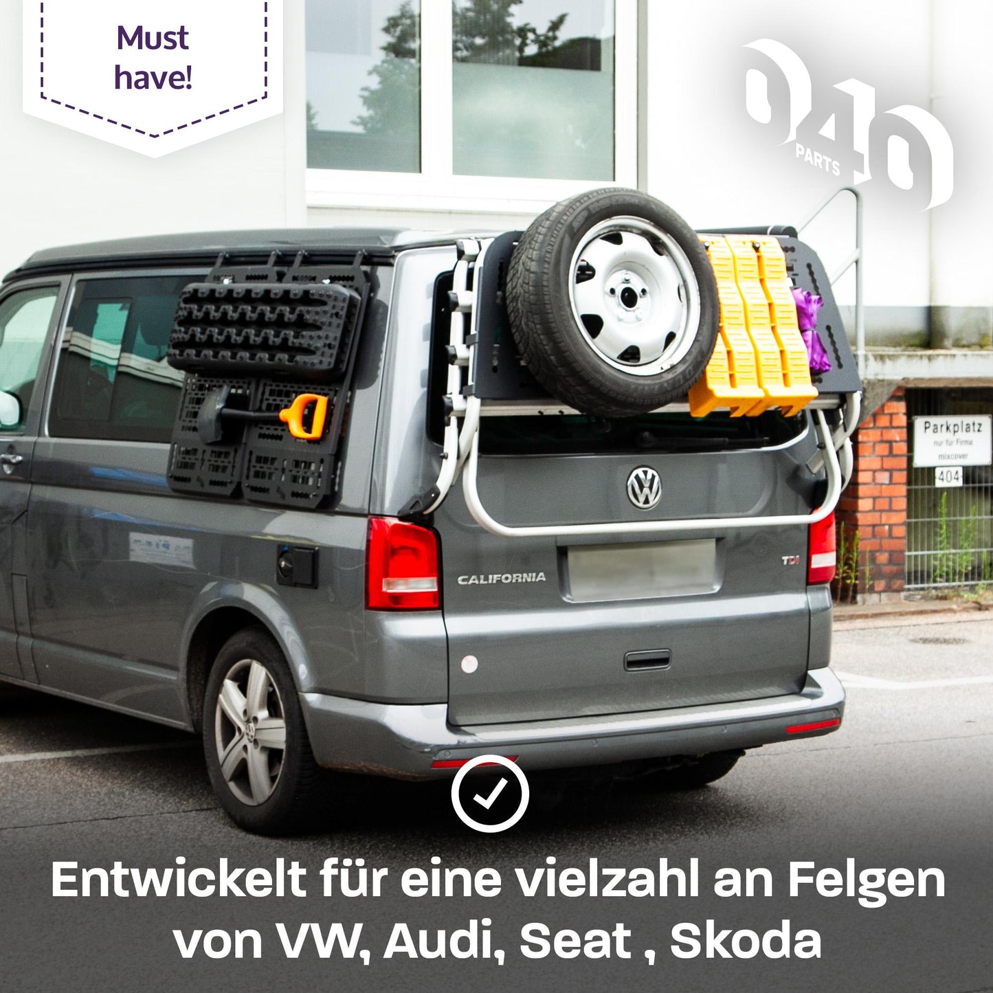 040 parts Portarruedas de repuesto para VW T5, T6 y T6.1 Neumático de repuesto compatible con muchas otras llantas Soporte para neumático de repuesto Soporte para rueda de repuesto