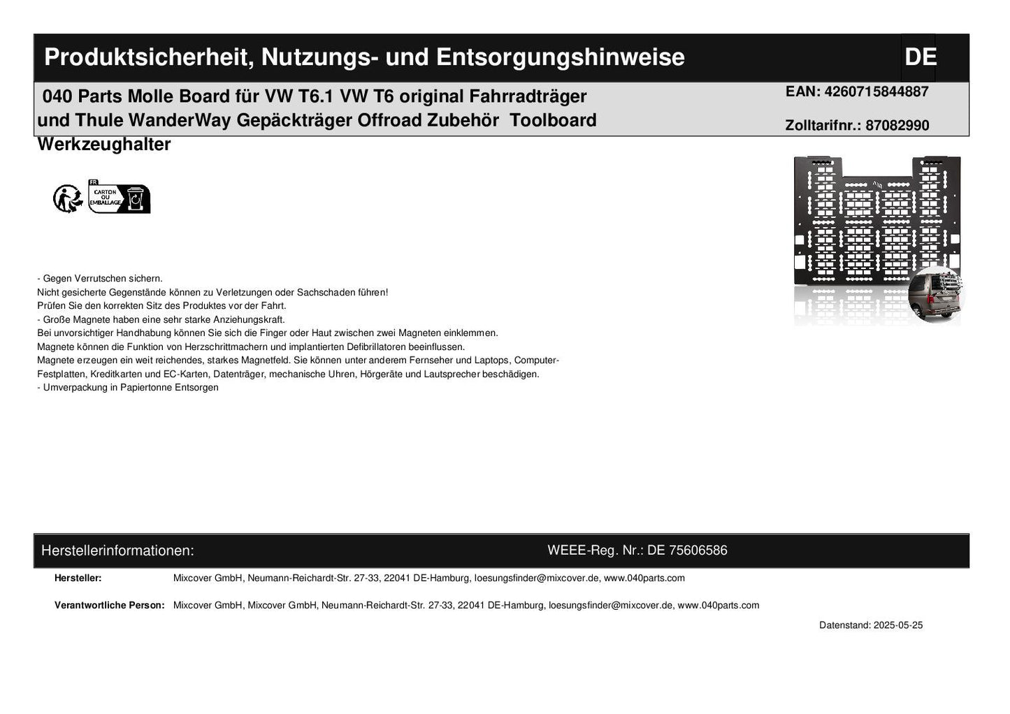 040 Parts Molle Board for VW T6.1 VW T6 original bike rack and Thule WanderWay roof rack Off-road accessories Toolboard tool holder