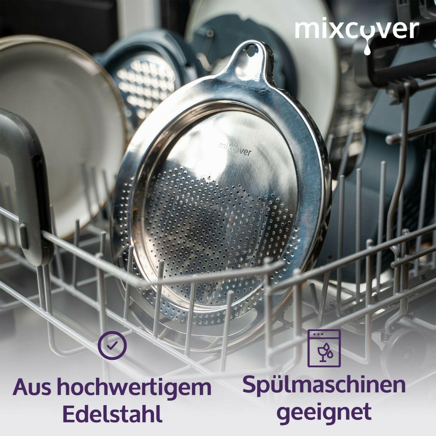 B-ware: mixcover roestvrijstalen zeef giethelper Thermomix TM6 en TM5, pasta e.v.a. afgieten