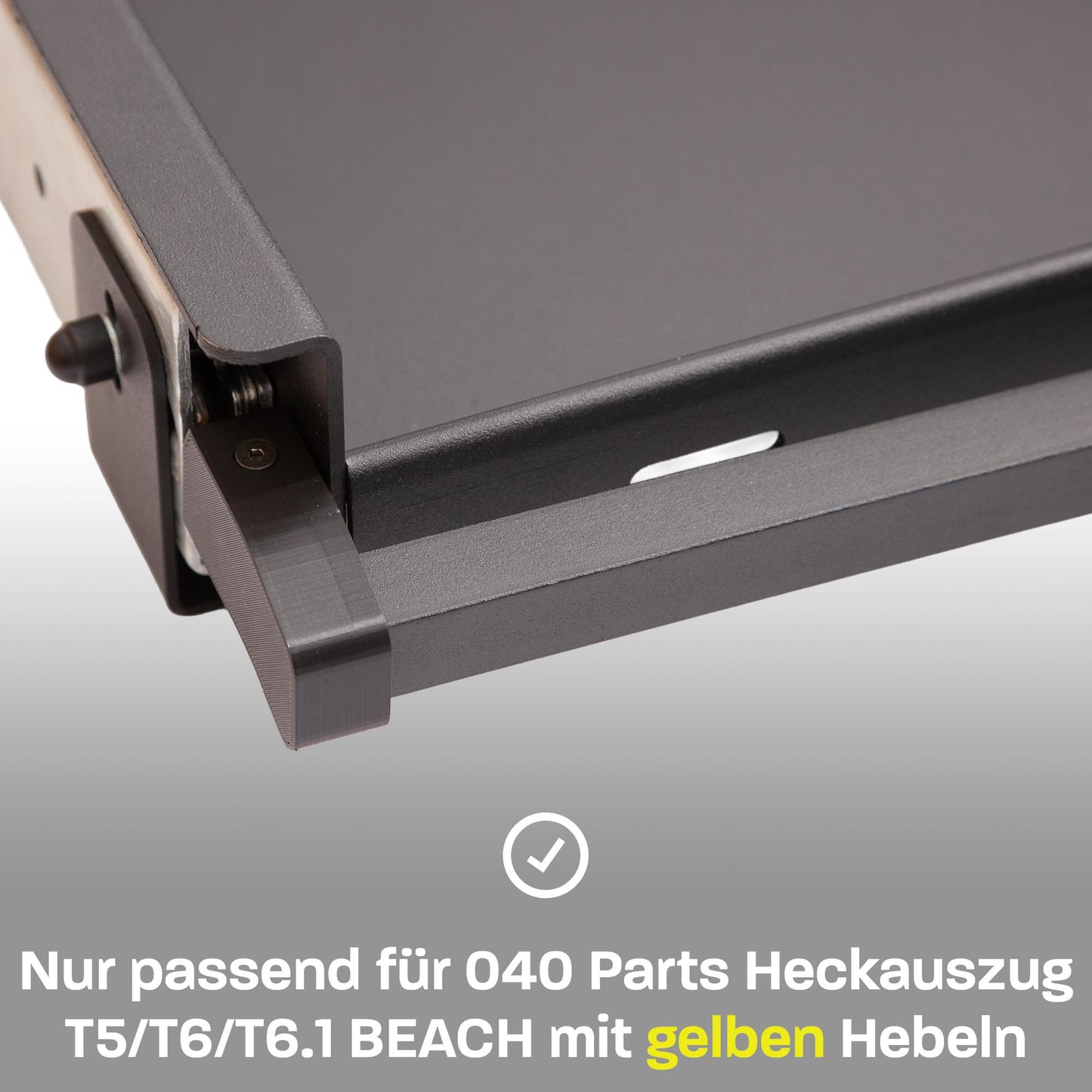 040 Parts Einhandverriegelung für Heckauszüge von 040 Parts Version für VW T5 T6 T6.1 Beach mit gelbem Hebel