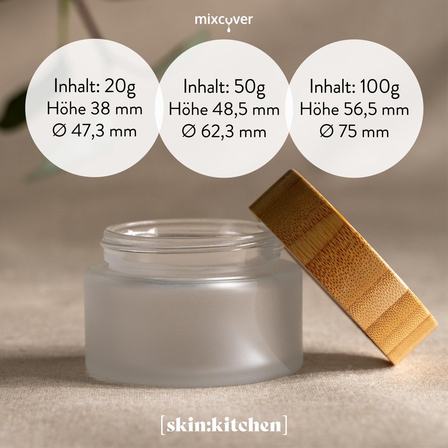 skin:kitchen Glastiegel mit Bambusdeckel & Gravur für selbstgemachte Kosmetik 3er Set 20, 50 & 100g Frosted