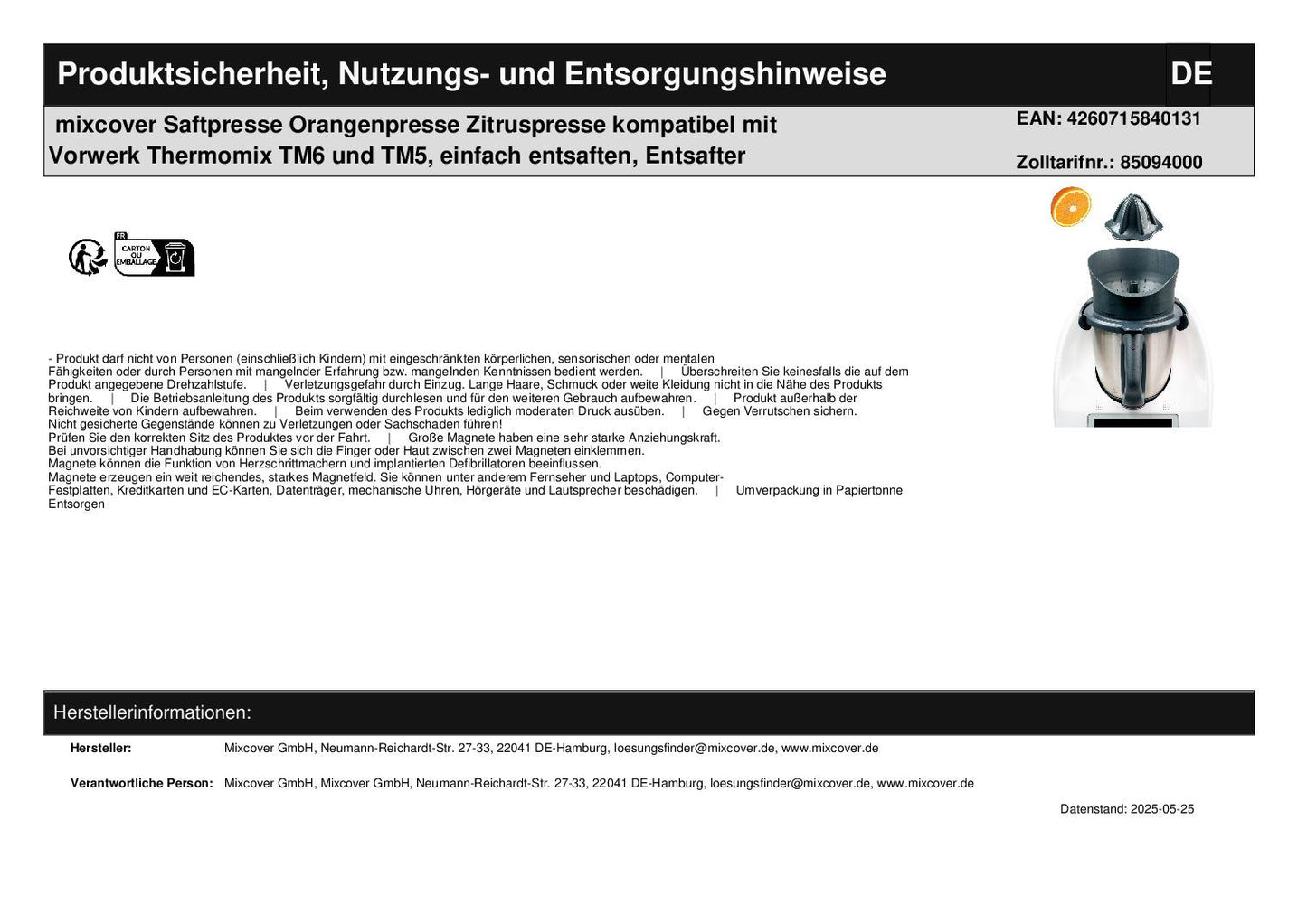 mixcover Citrus Juicer Orange Juicer Juice Extractor Compatible with Vorwerk Thermomix TM6 and TM5, Easy Juicing, Juice Maker