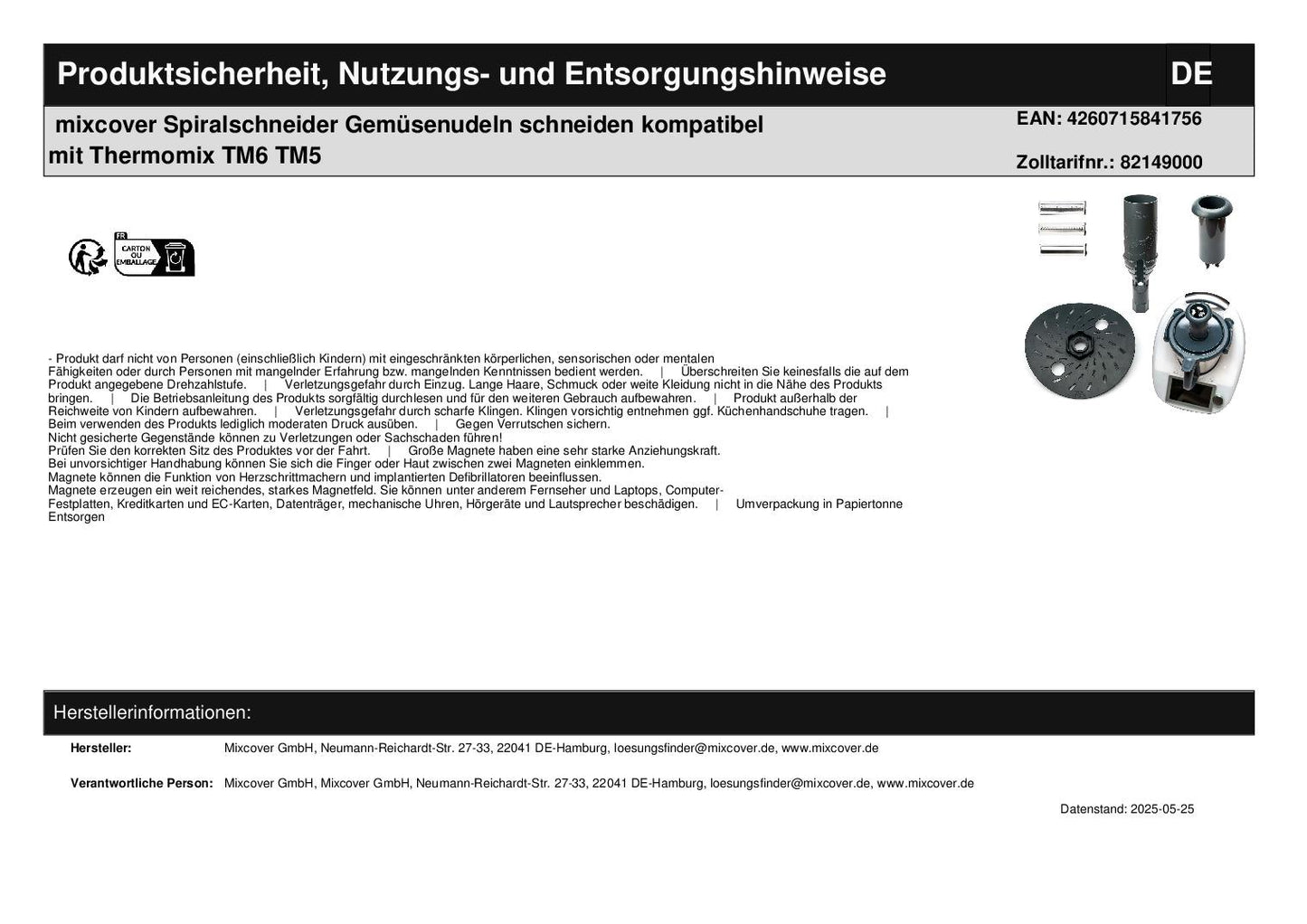 mixcover Spiralschneider Gemüsenudeln schneiden kompatibel mit Thermomix TM6 TM5
