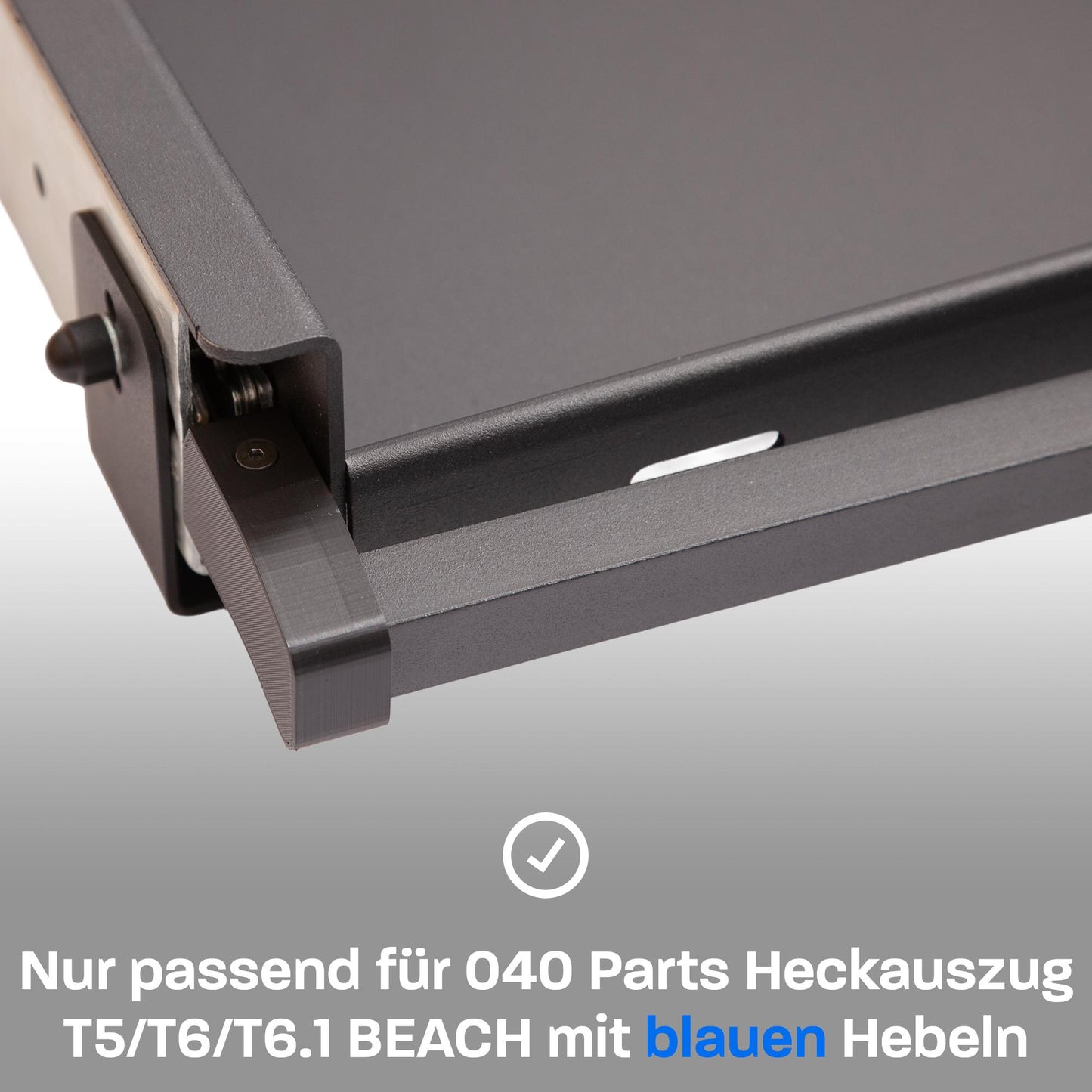 040 Parts Einhandverriegelung für Heckauszüge von 040 Parts Version für VW T5 T6 T6.1 Beach mit blauem Hebel