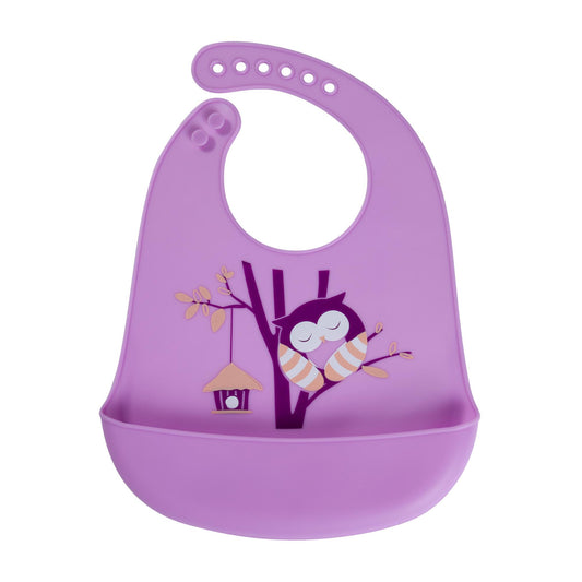 moin minis Baby Toddler Silicone Bib with Catch Tray Owl Design - Easy to Clean Waterproof Soft Material Adjustable Size BPA-Free