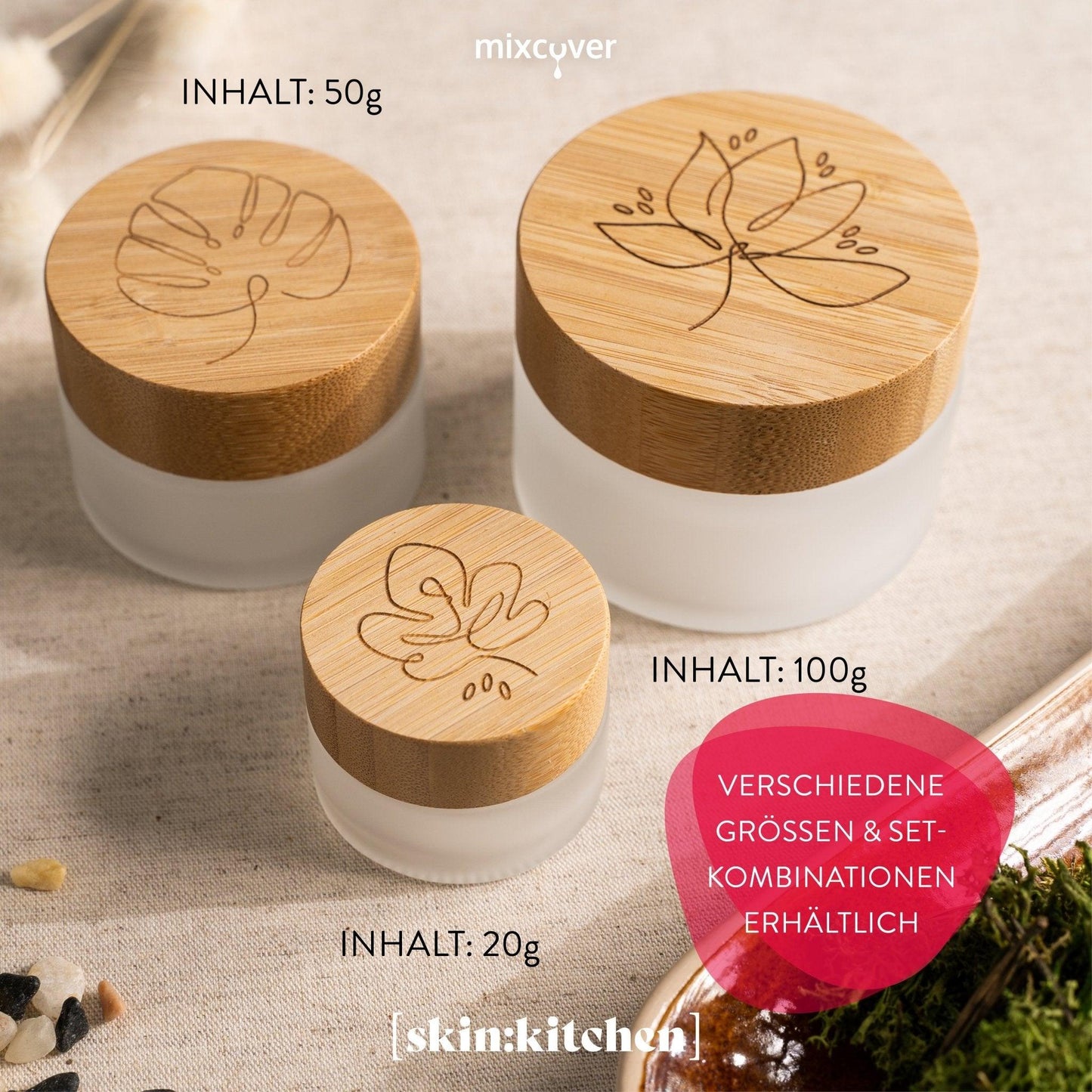 skin:kitchen Glastiegel mit Bambusdeckel & Gravur für selbstgemachte Kosmetik 3er Set 50g Frosted