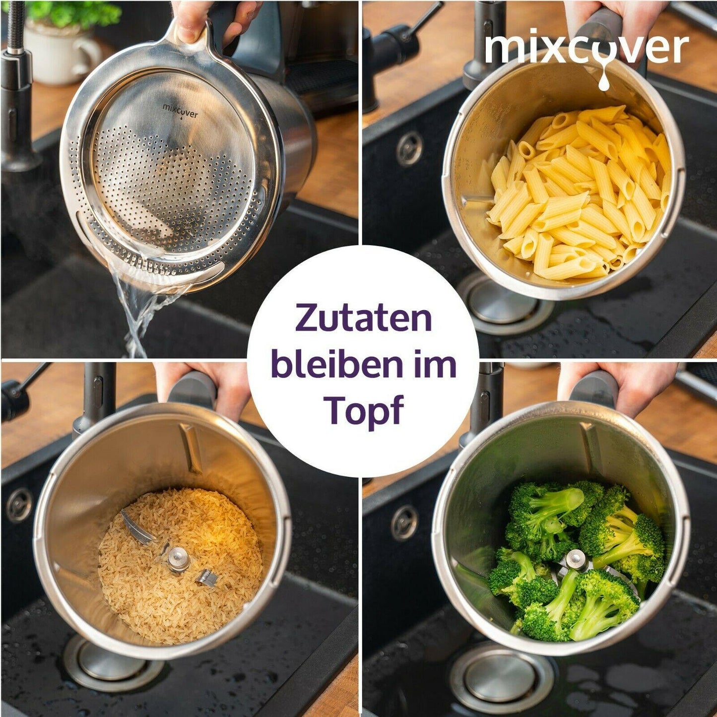 B-ware: mixcover roestvrijstalen zeef giethelper Thermomix TM6 en TM5, pasta e.v.a. afgieten