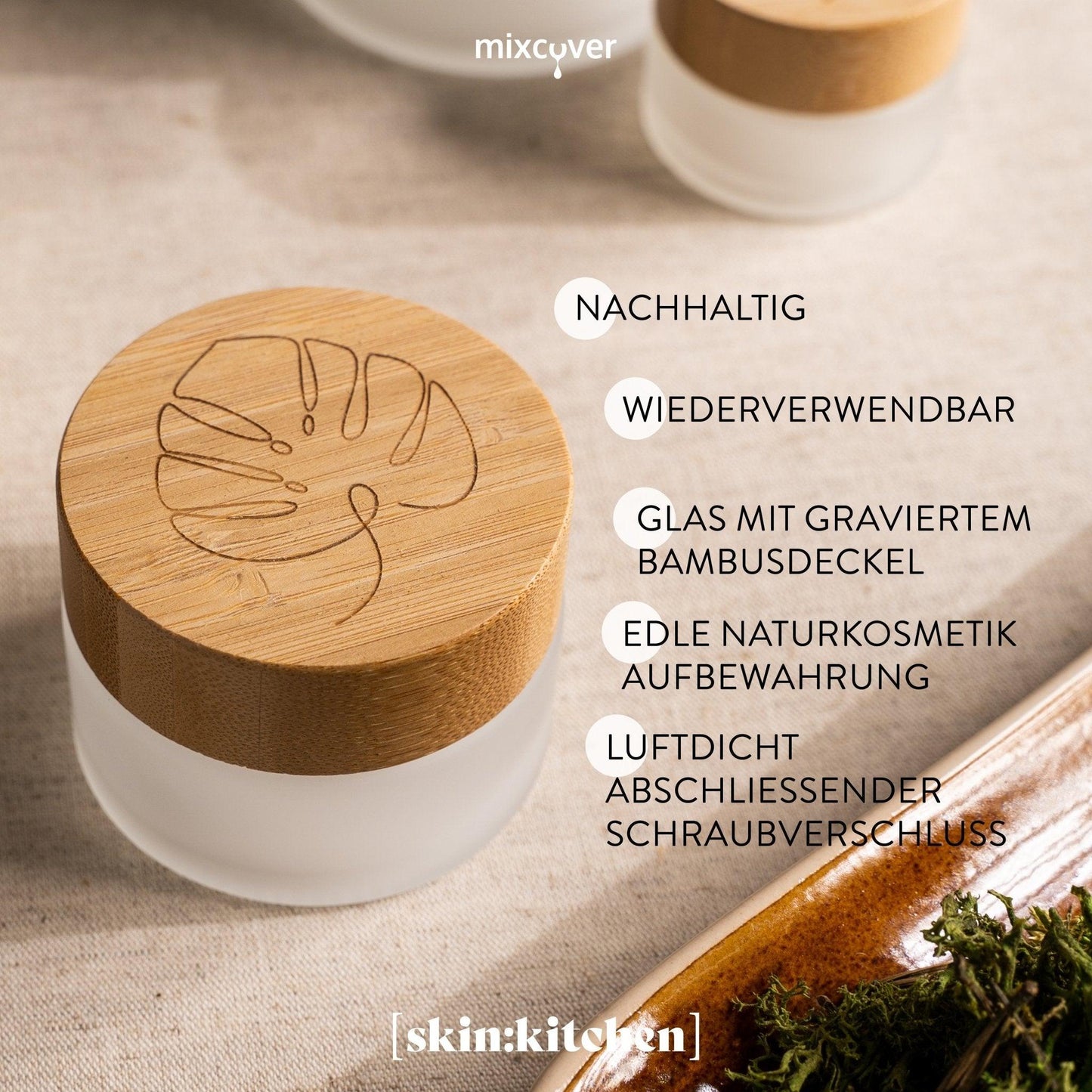 skin:kitchen Glastiegel mit Bambusdeckel & Gravur für selbstgemachte Kosmetik 3er Set 20, 50 & 100g Frosted