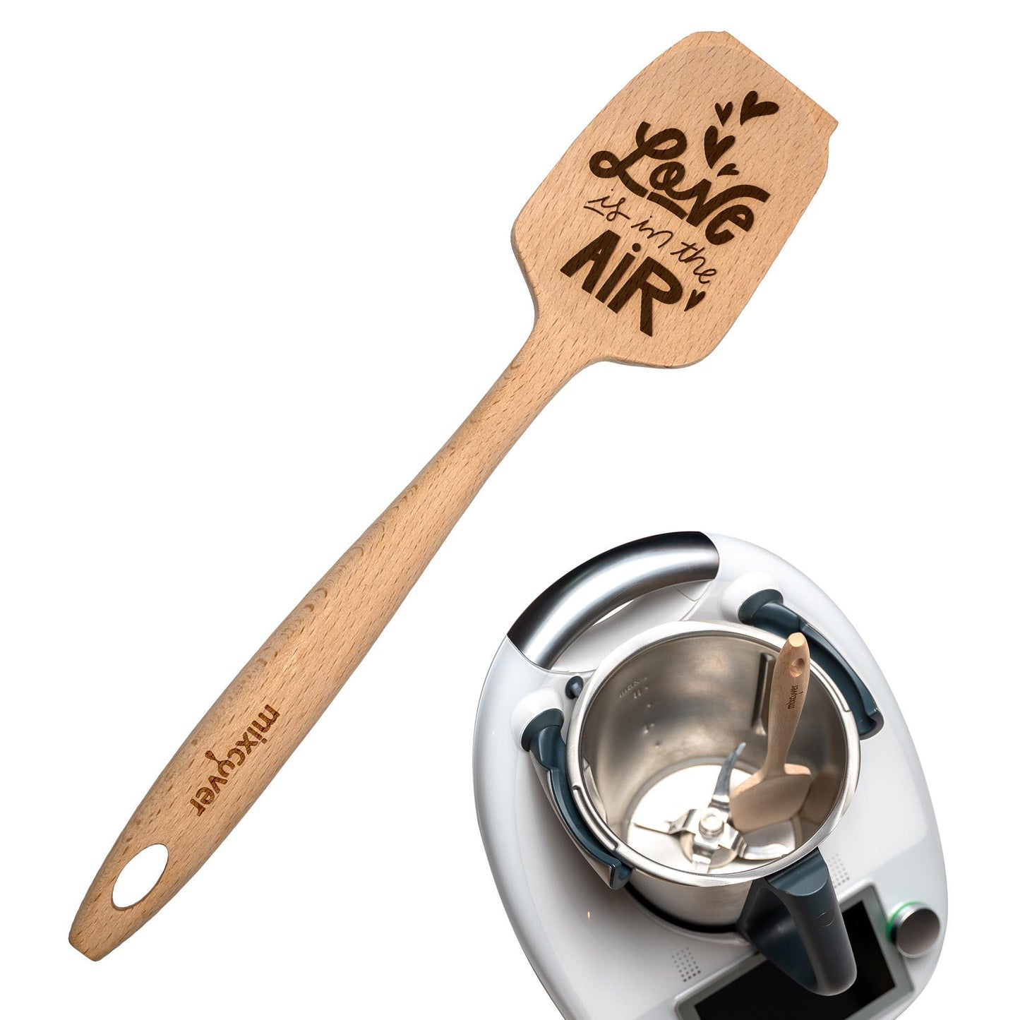 mixcover Sustainable Wooden Spatula for Thermomix TM7 TM6 TM5 TM31 Valentine's Day Rotating Whisk Spatula with Engraving Love is in the air