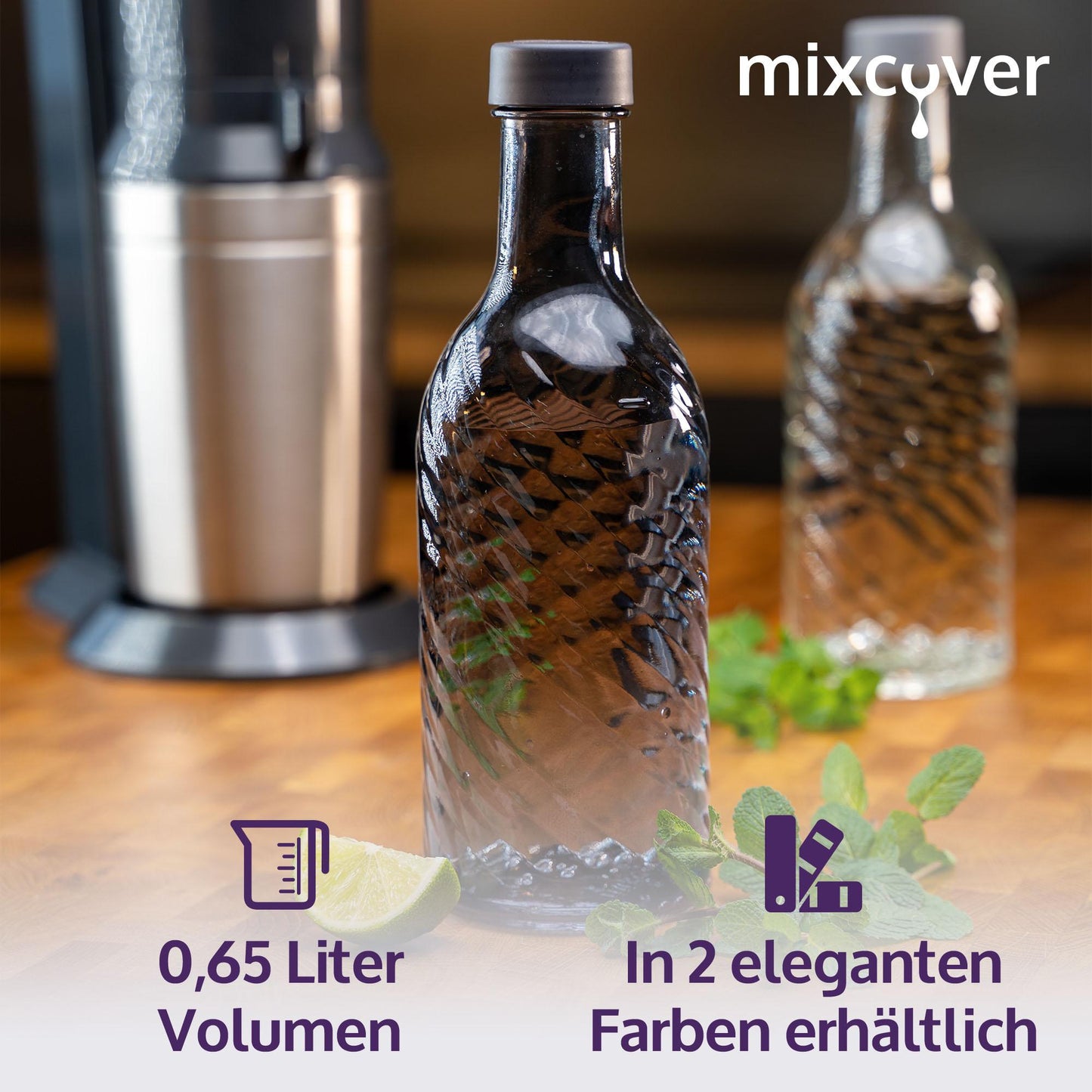 mixcover Designer Glasflasche Trinkflasche Glaskaraffe Karaffe mit 0,65 Liter - grau
