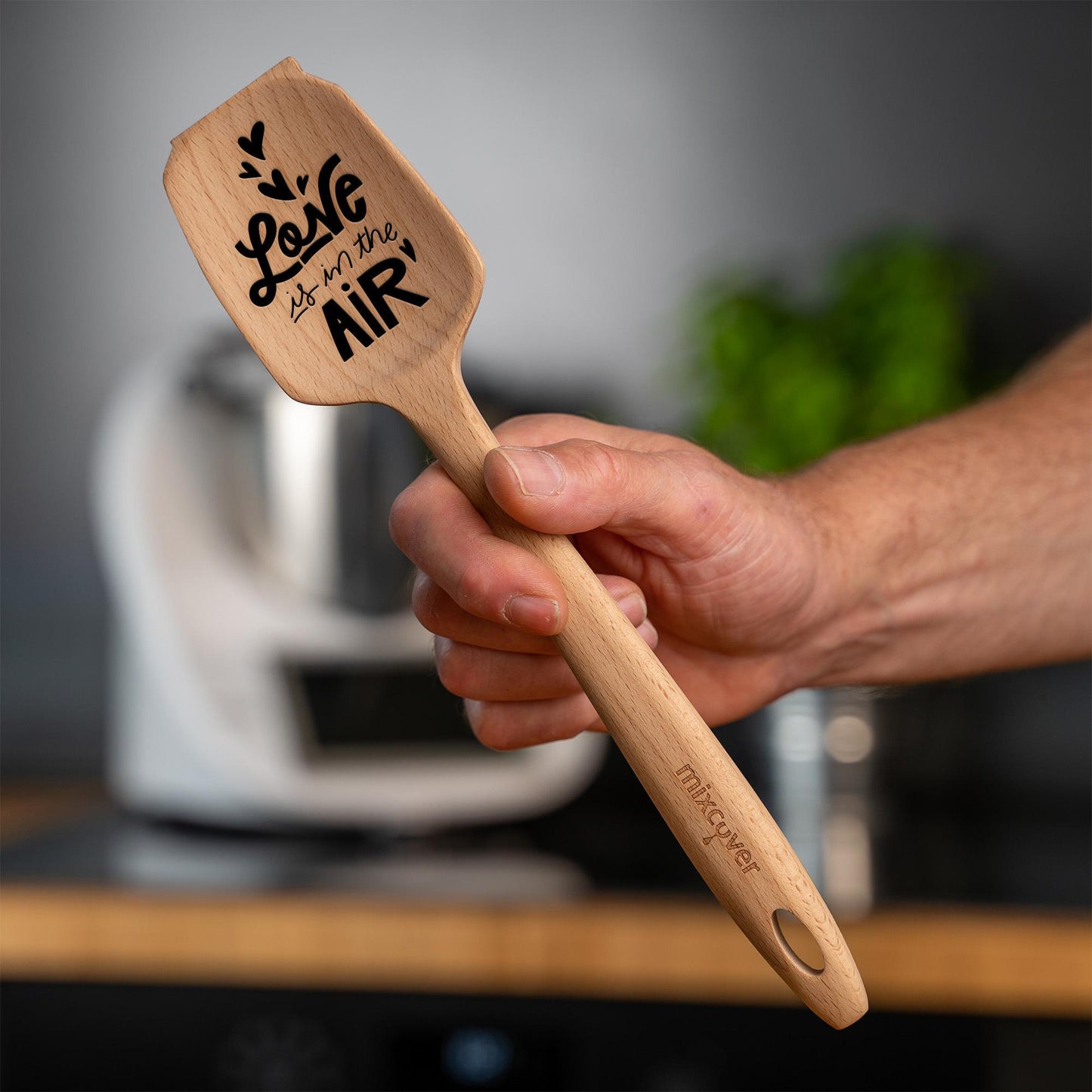 mixcover Sustainable Wooden Spatula for Thermomix TM7 TM6 TM5 TM31 Valentine's Day Rotating Whisk Spatula with Engraving Love is in the air