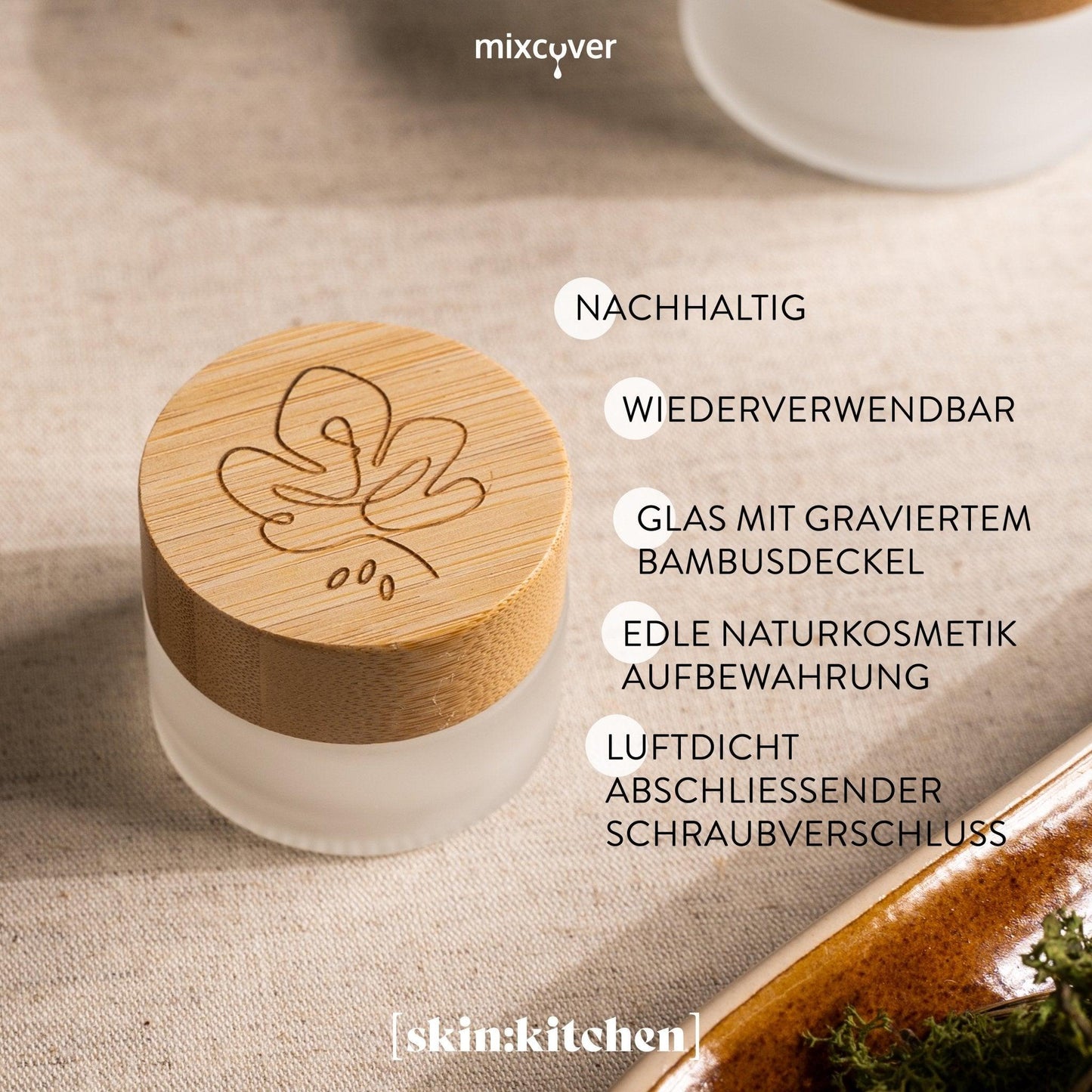 skin:kitchen Glastiegel mit Bambusdeckel & Gravur für selbstgemachte Kosmetik 3er Set 20g Frosted