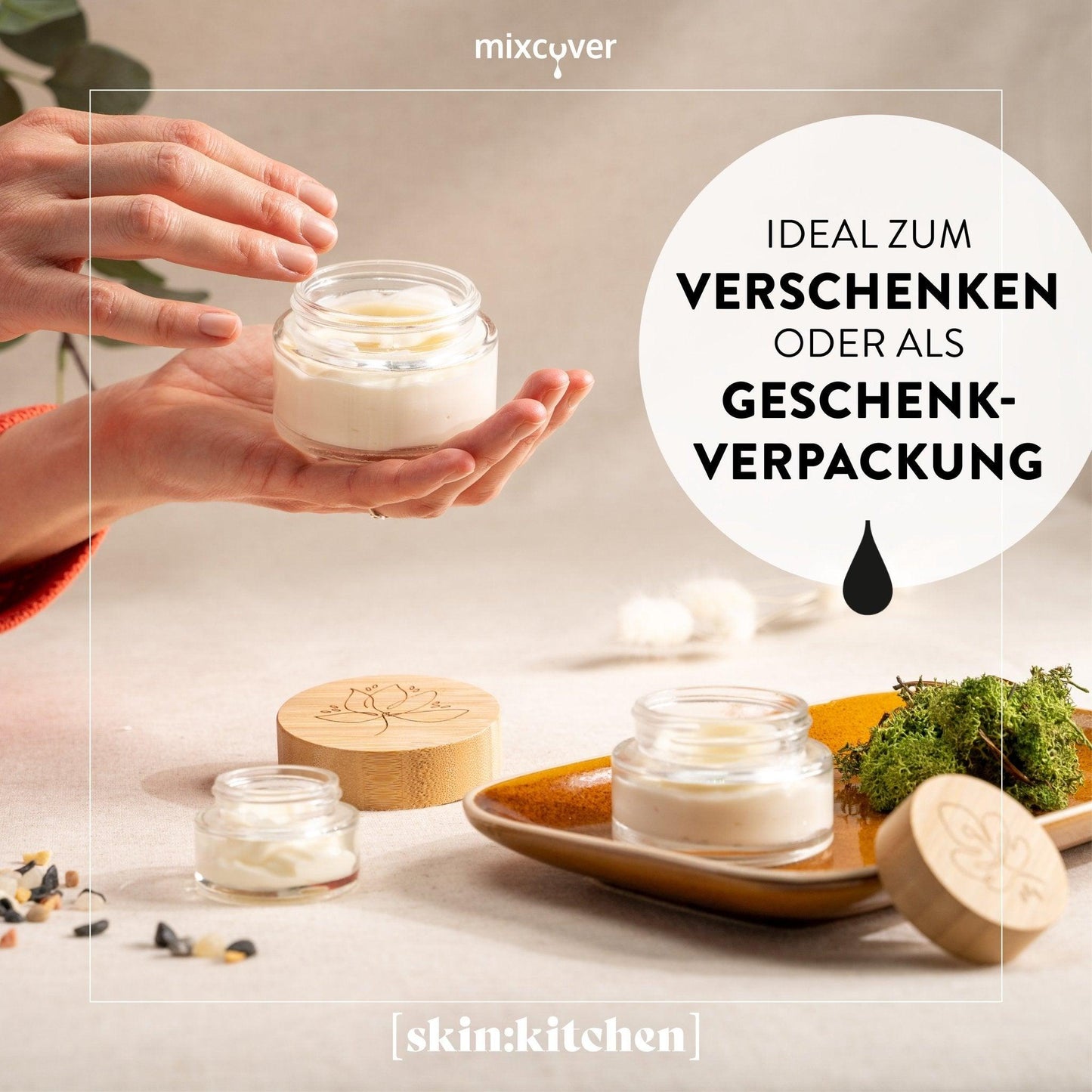 skin:kitchen Glastiegel mit Bambusdeckel & Gravur für selbstgemachte Kosmetik 3er Set 100g Klar