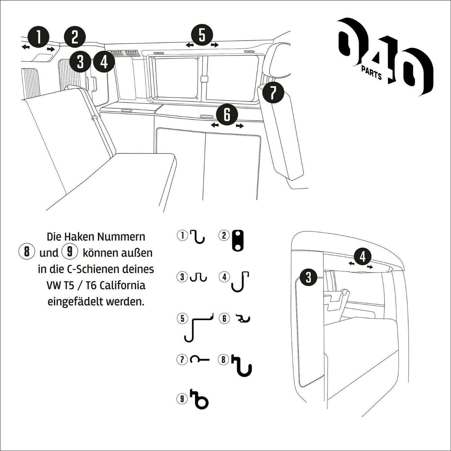 040Parts 10er Haken Set passend für VW California T5 T6 T6.1 Bulli Camper Ocean Coast - Mixcover - 040 parts