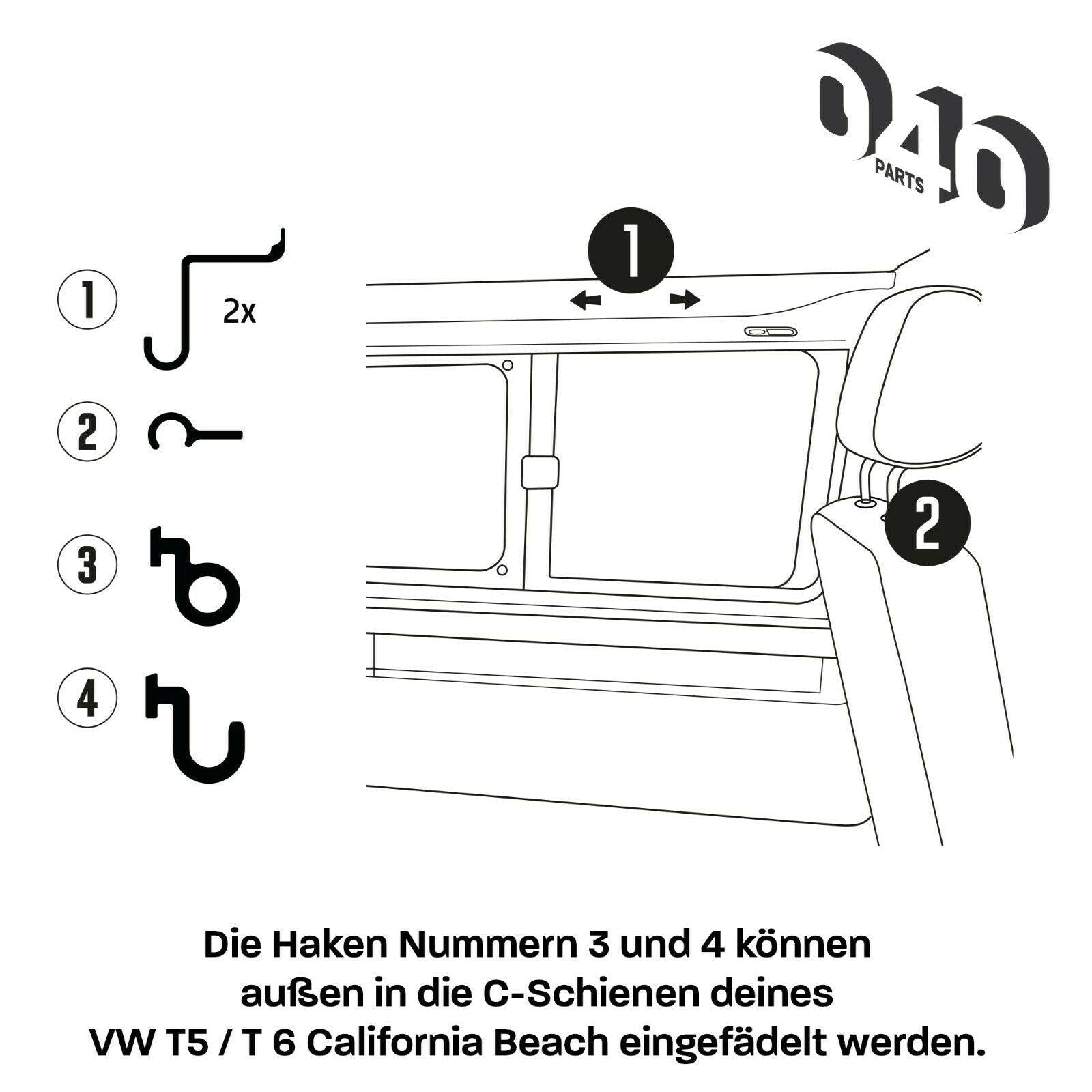 040Parts 5er Haken Set passend für VW T5 T6 T6.1 California Beach Bulli Camper - Mixcover - 040 parts