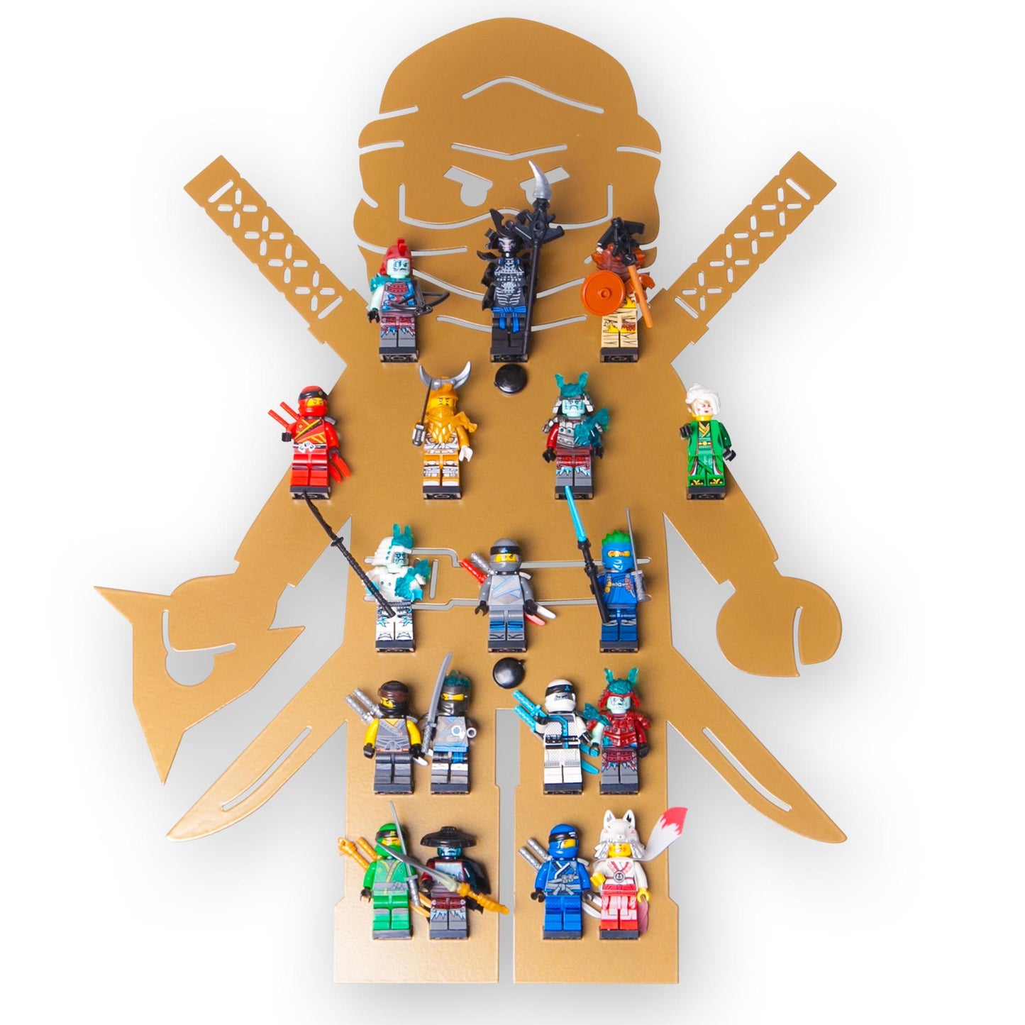 moin minis Ninja Kinderzimmer Regal Gold für 18 Minifiguren kompatibel mit Lego Ninjago Figuren und Klemmbausteinen , Aufbewahrungsregal
