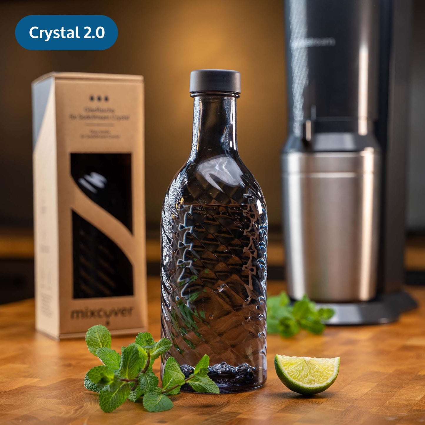 B-Ware: Glasflasche kompatibel mit SodaStream Crystal 2.0 mit 10% mehr Volumen Dark Grey - Mixcover - Mixcover