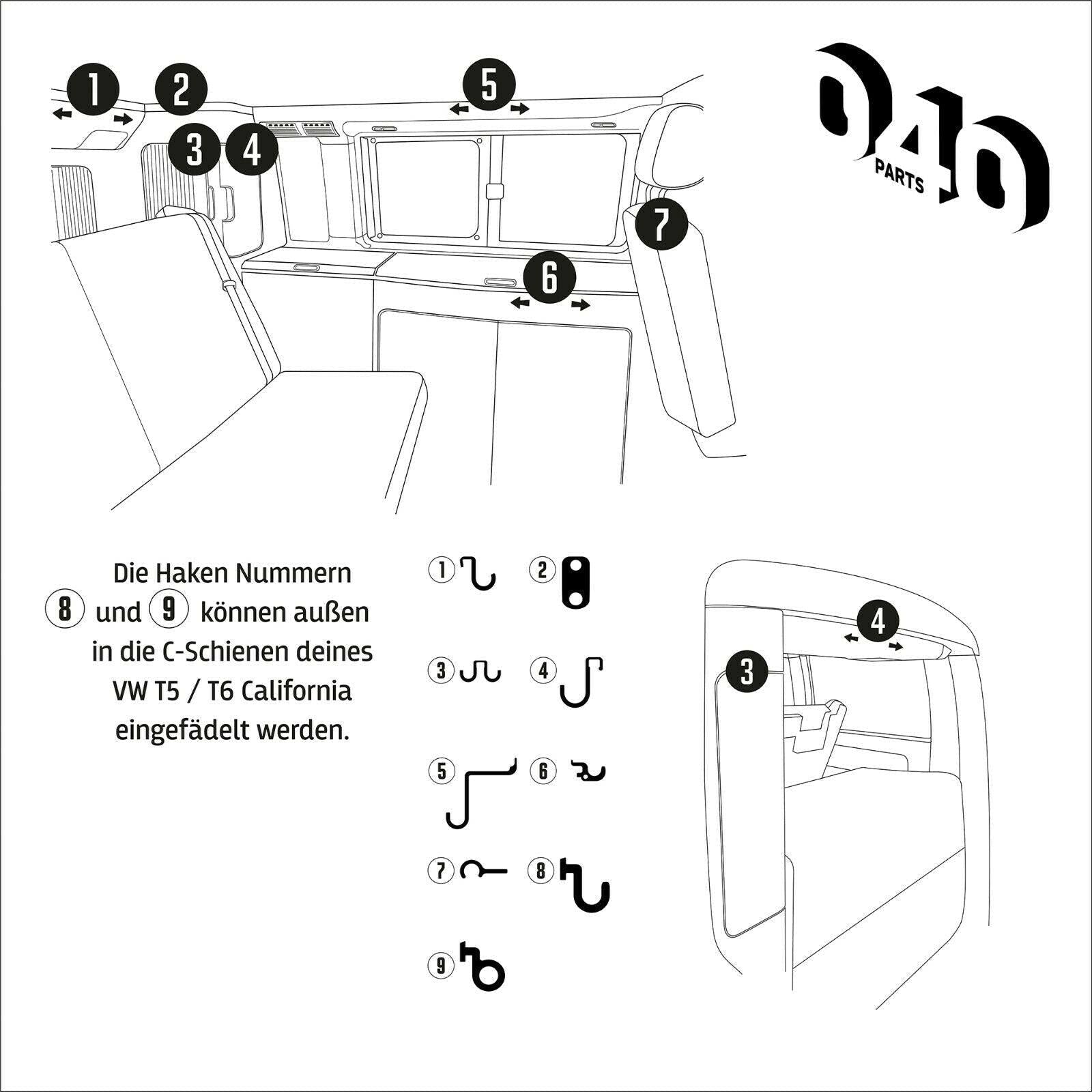 B-Ware: 10er Haken Set passend für VW California T5 T6 Bulli Camper Ocean Coast - Mixcover - 040 parts