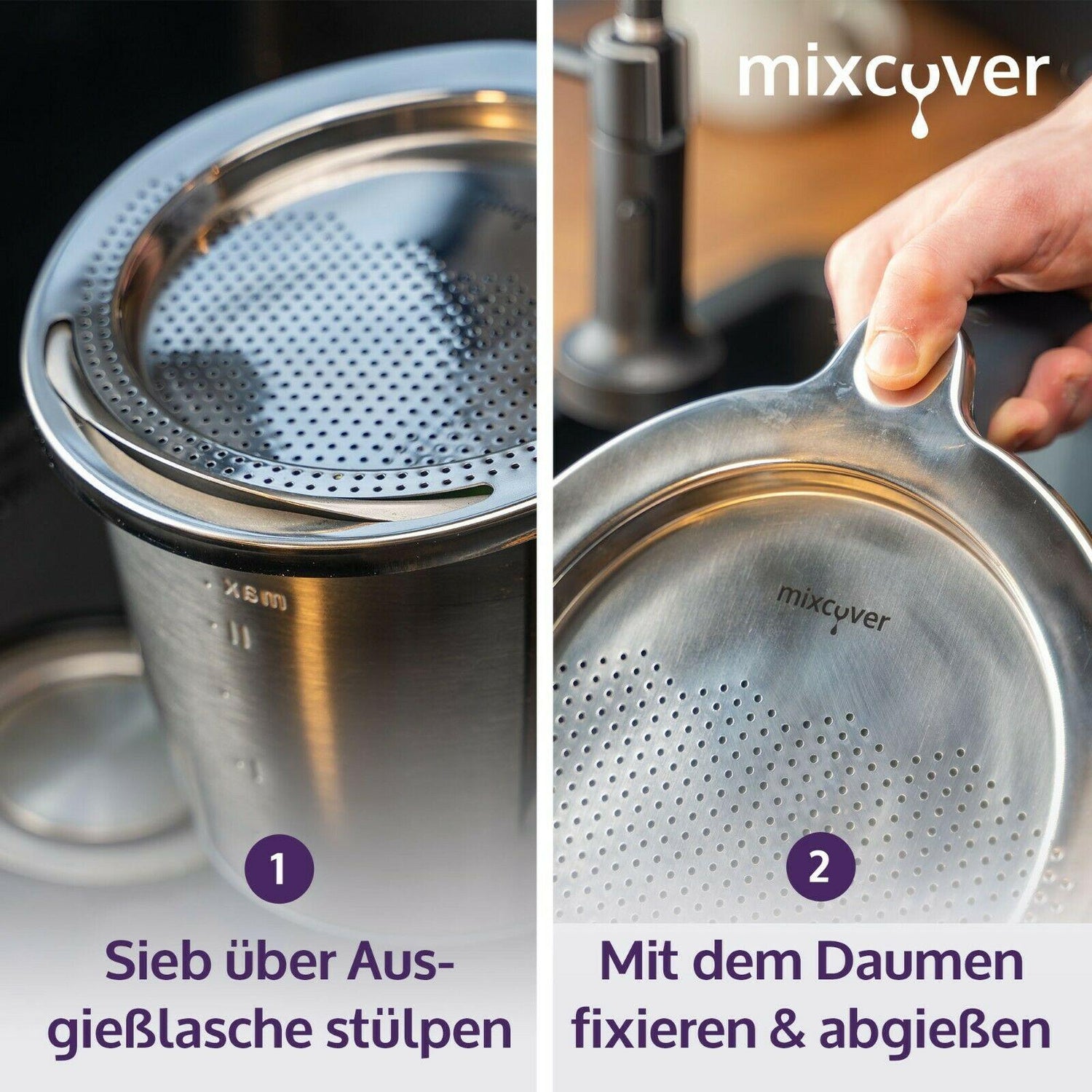 B-Ware: mixcover Edelstahl Sieb Abgieß-Hilfe Thermomix TM6 und TM5, Nudeln uvm. abgießen - Mixcover - Mixcover