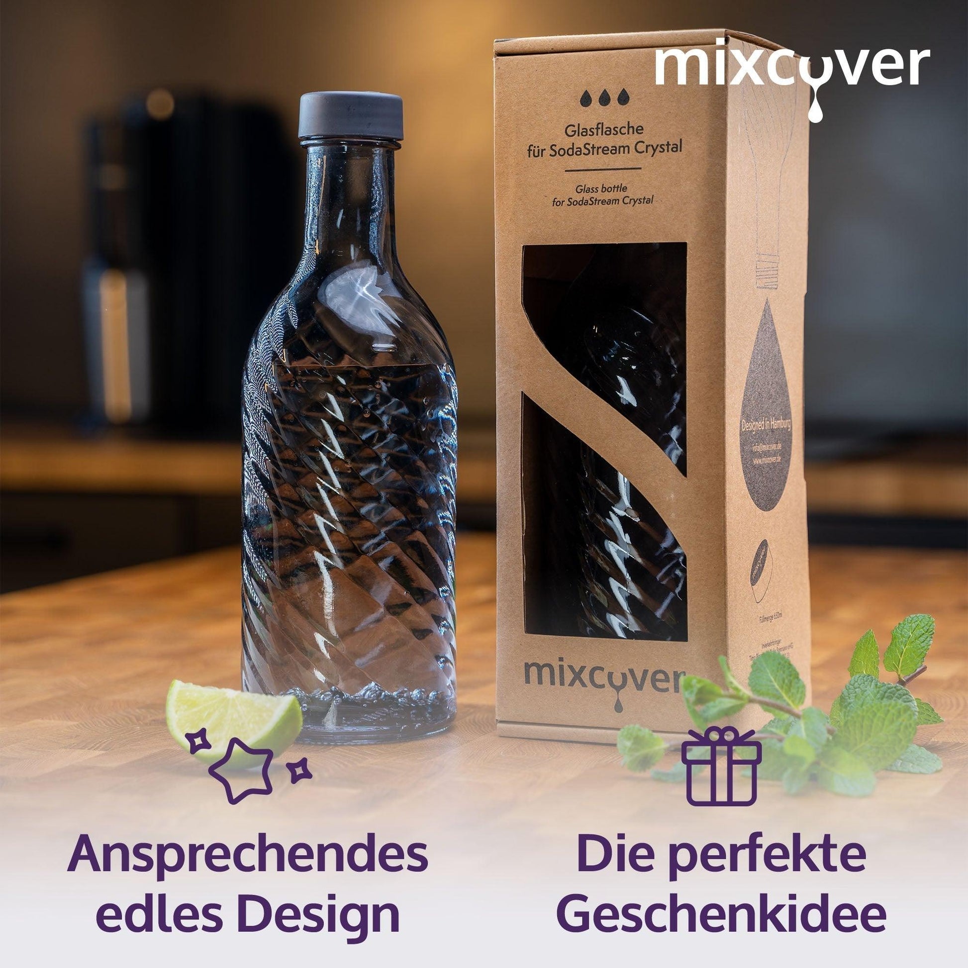 B-Ware: Glasflasche kompatibel mit SodaStream Crystal 2.0 mit 10% mehr Volumen Dark Grey - Mixcover - Mixcover