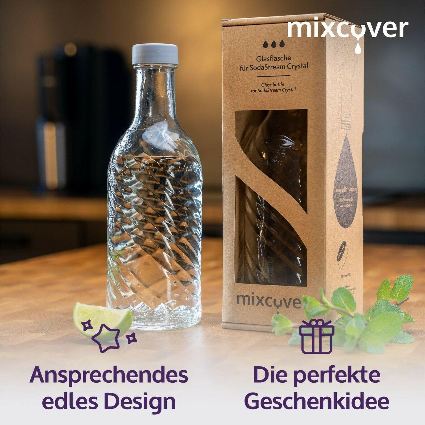 B-Ware: Glasflasche kompatibel mit SodaStream Crystal 2.0 mit 10% mehr Volumen Transparent - Mixcover - Mixcover