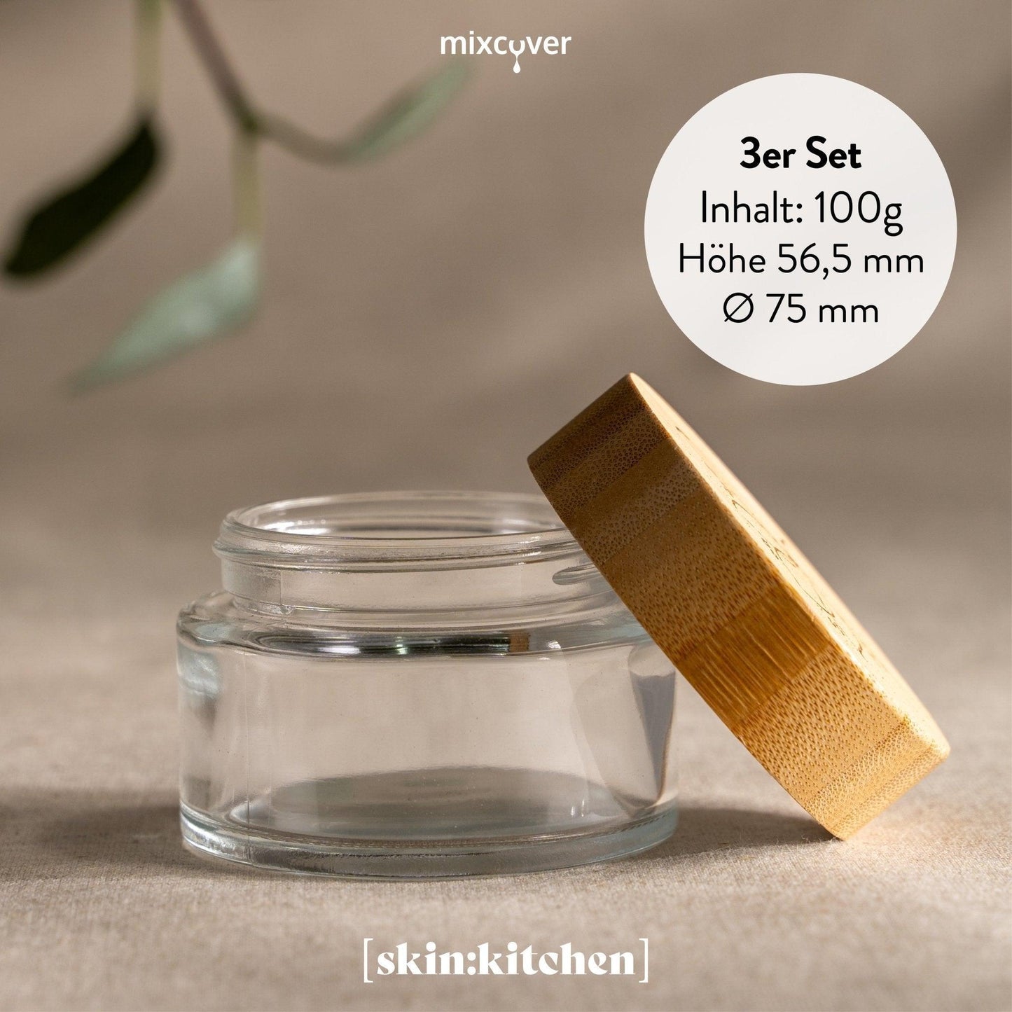 B-Ware: Glastiegel mit Bambusdeckel & Gravur für selbstgemachte Kosmetik 3er Set 100g "Klar" - Mixcover - skin:kitchen