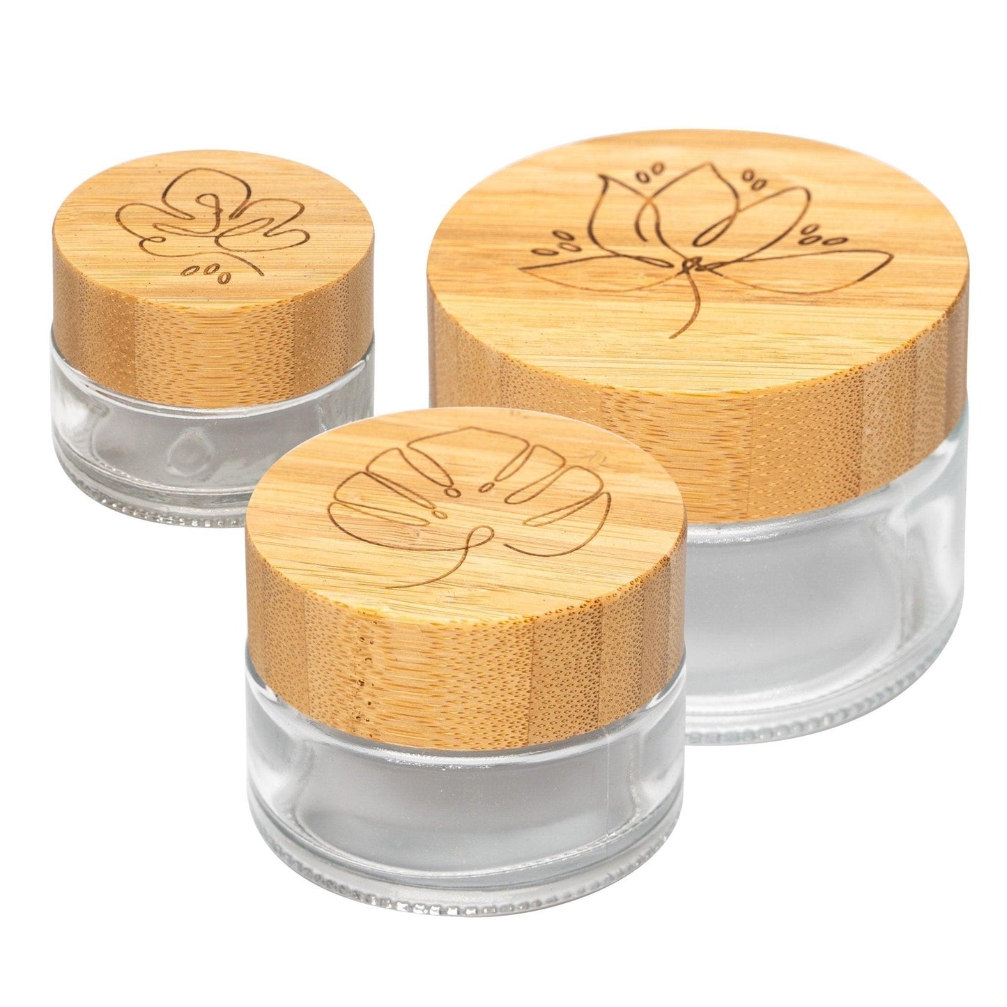 B-Ware: Glastiegel mit Bambusdeckel & Gravur für selbstgemachte Kosmetik 3er Set 20, 50 & 100g "Klar" - Mixcover - skin:kitchen