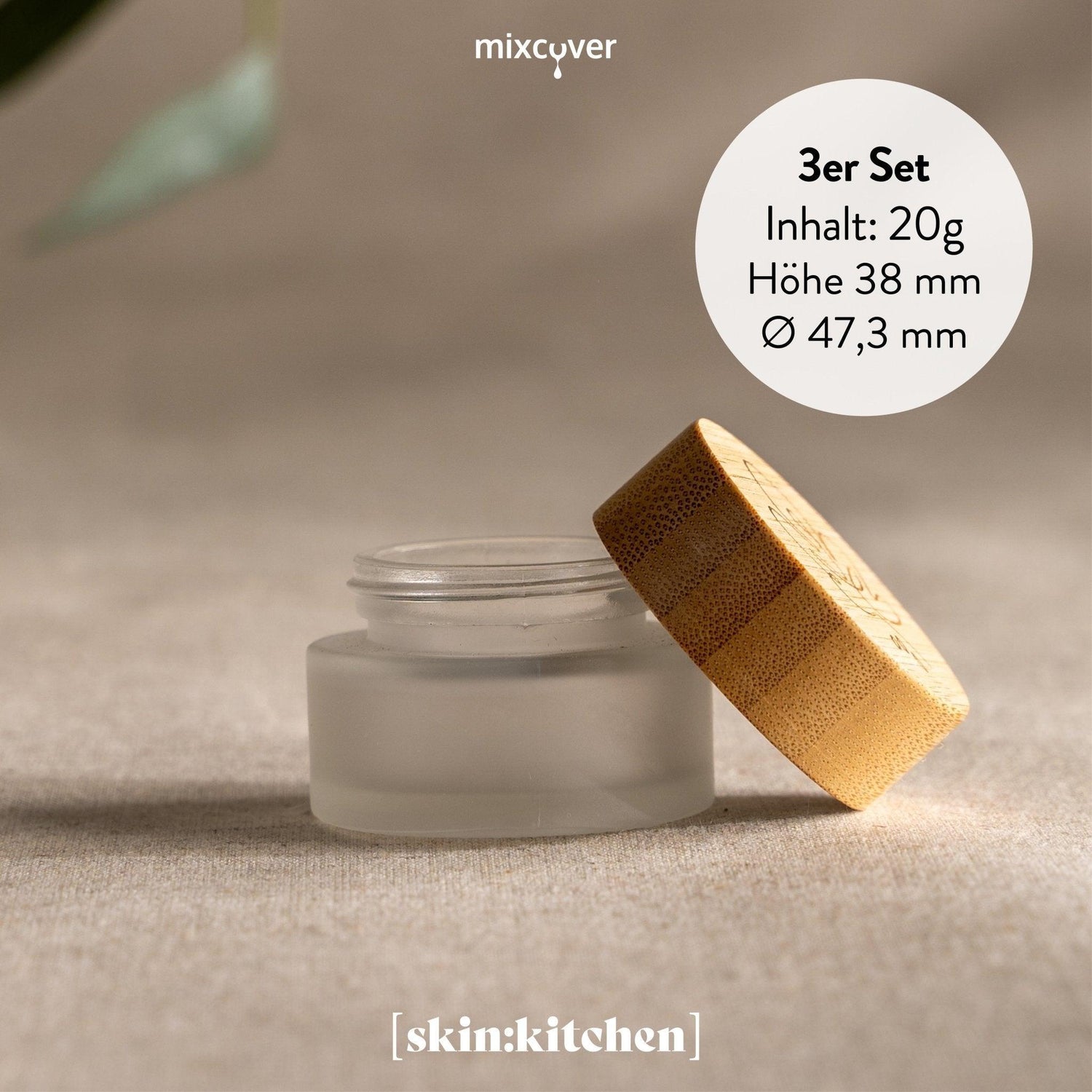 B-Ware: Glastiegel mit Bambusdeckel & Gravur für selbstgemachte Kosmetik 3er Set 20g "Frosted" - Mixcover - skin:kitchen