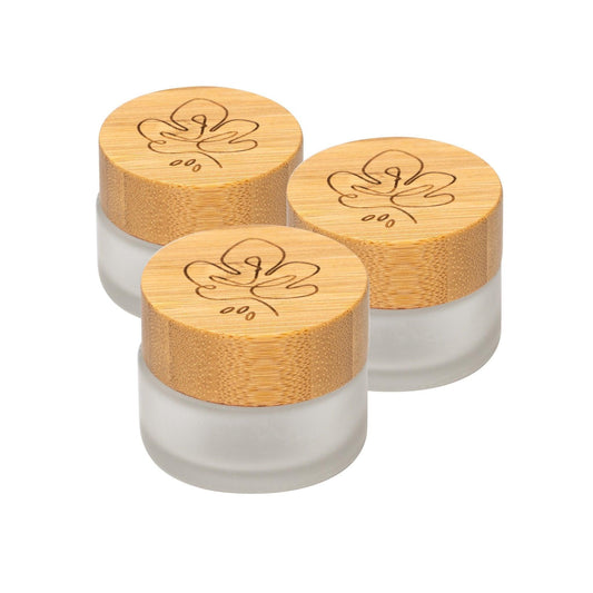 B-Ware: Glastiegel mit Bambusdeckel & Gravur für selbstgemachte Kosmetik 3er Set 20g "Frosted" - Mixcover - skin:kitchen