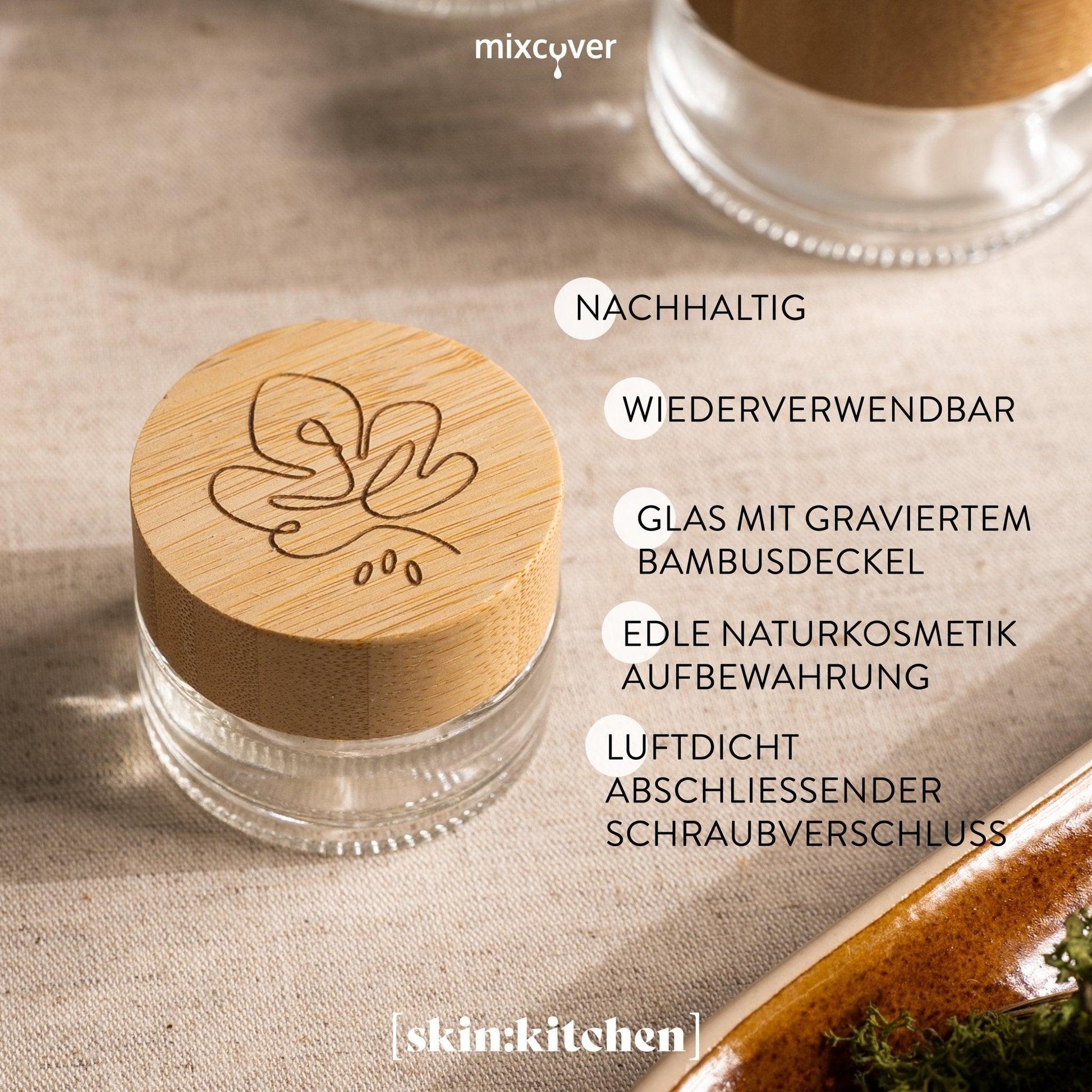 B-Ware: Glastiegel mit Bambusdeckel & Gravur für selbstgemachte Kosmetik 3er Set 20g "Klar" - Mixcover - skin:kitchen