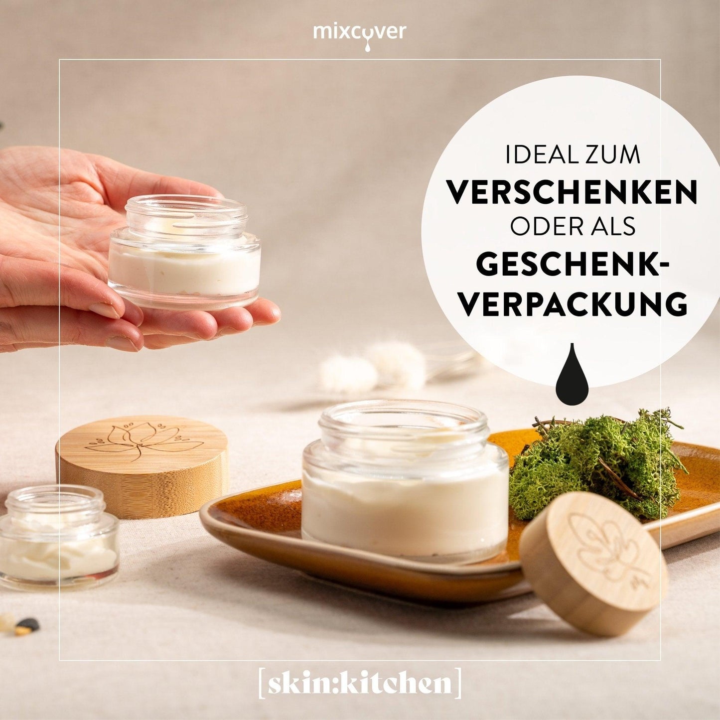 B-Ware: Glastiegel mit Bambusdeckel & Gravur für selbstgemachte Kosmetik 3er Set 50g "Klar" - Mixcover - skin:kitchen