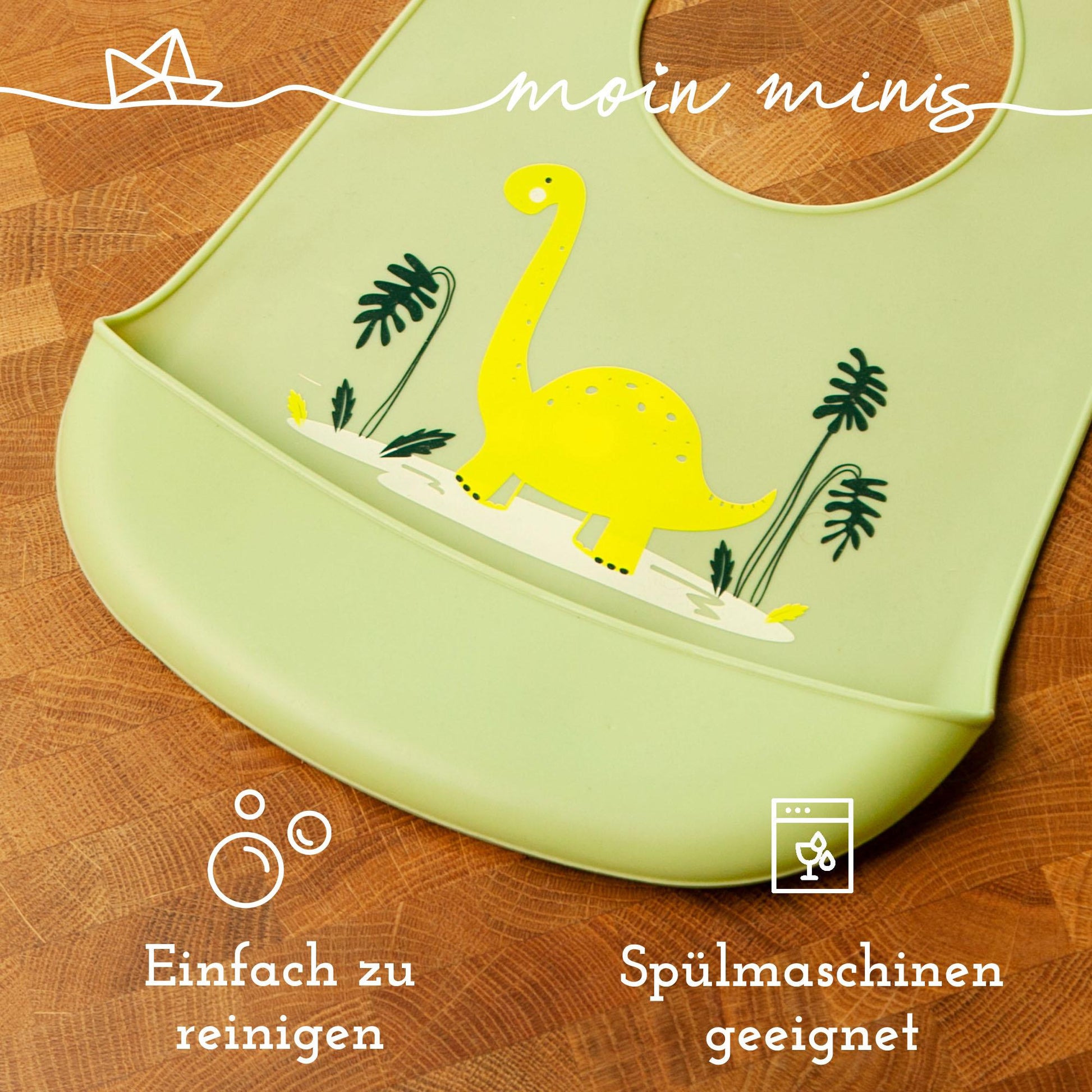 mixcover Baby Kleinkinder Silikon-Lätzchen mit Auffangschale Dino Motiv - einfach zu reinigen, wasserdicht, weiches Material, größenverstellbar, BPA-frei - Mixcover - Mixcover