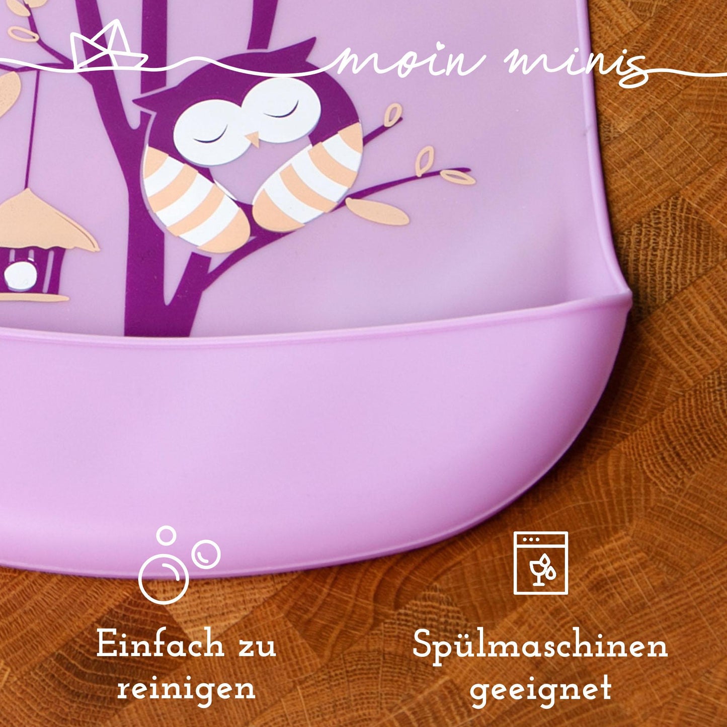 mixcover Baby Kleinkinder Silikon-Lätzchen mit Auffangschale Eule Motiv - einfach zu reinigen, wasserdicht, weiches Material, größenverstellbar, BPA-frei - Mixcover - Mixcover