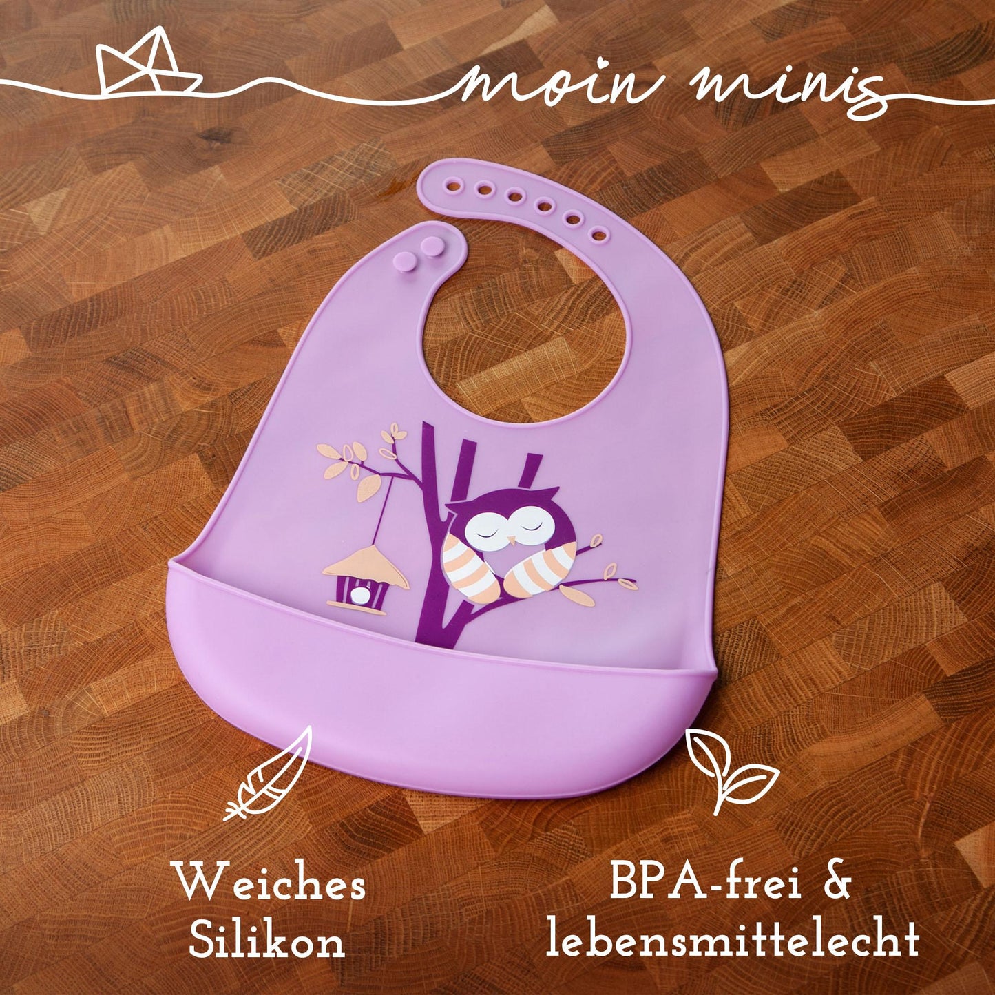 mixcover Baby Kleinkinder Silikon-Lätzchen mit Auffangschale Eule Motiv - einfach zu reinigen, wasserdicht, weiches Material, größenverstellbar, BPA-frei - Mixcover - Mixcover