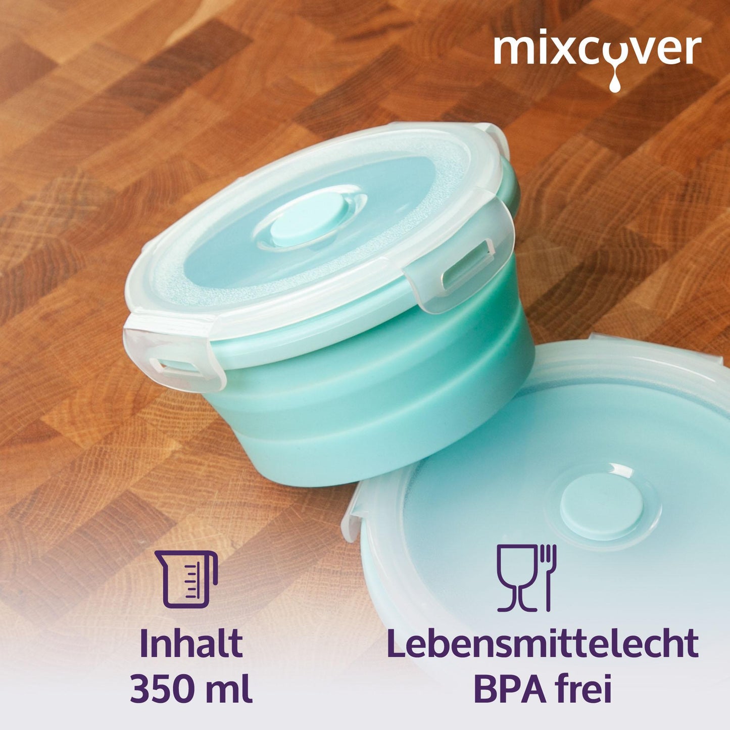 mixcover faltbare Frischhaltedose mit Deckel aus Silikon Bentobox Brotdose Lunchbox Picknick Camping Schüssel BPA-frei platzsparend 250 ml grün - Mixcover - Mixcover