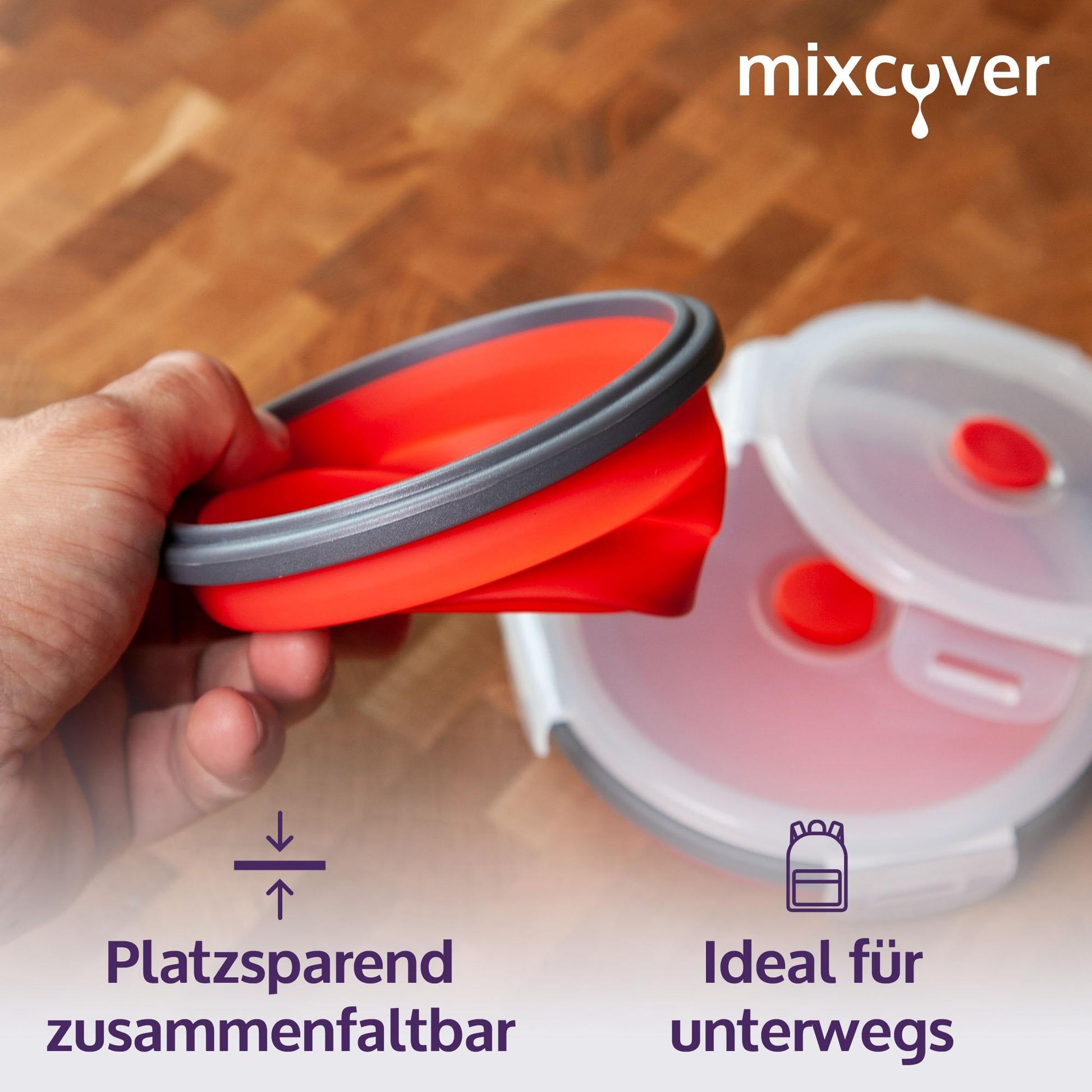 mixcover faltbare Frischhaltedose mit Deckel aus Silikon Bentobox Brotdose Lunchbox Picknick Camping Schüssel BPA-frei platzsparend 350 ml rot - Mixcover - Mixcover