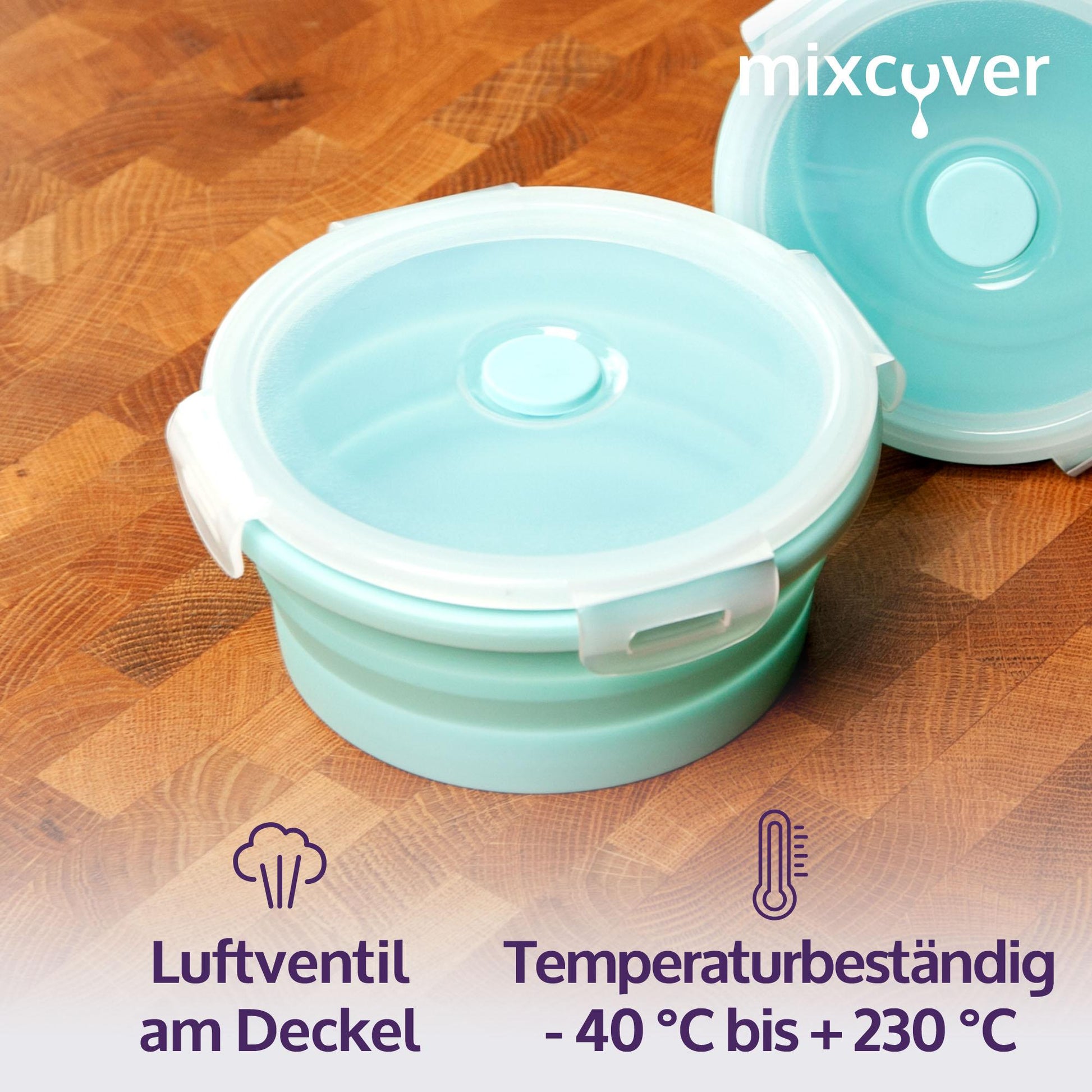 mixcover faltbare Frischhaltedose mit Deckel aus Silikon Bentobox Brotdose Lunchbox Picknick Camping Schüssel BPA-frei platzsparend 500 ml grün - Mixcover - Mixcover