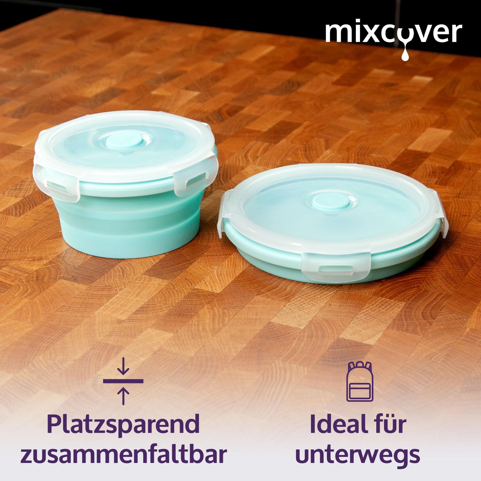 mixcover faltbare Frischhaltedose mit Deckel aus Silikon Bentobox Brotdose Lunchbox Picknick Camping Schüssel BPA-frei platzsparend 500 ml grün - Mixcover - Mixcover