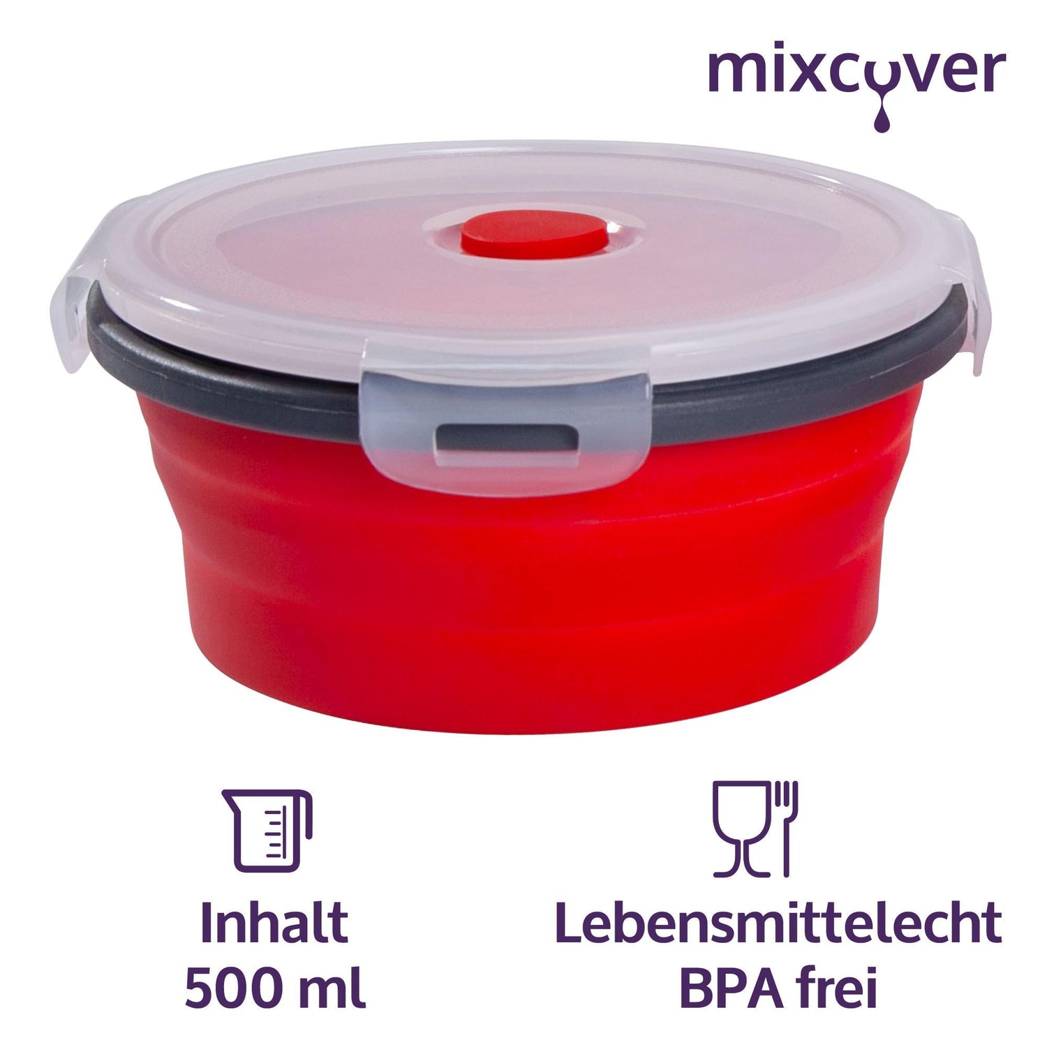 mixcover faltbare Frischhaltedose mit Deckel aus Silikon Bentobox Brotdose Lunchbox Picknick Camping Schüssel BPA-frei platzsparend 500 ml rot - Mixcover - Mixcover
