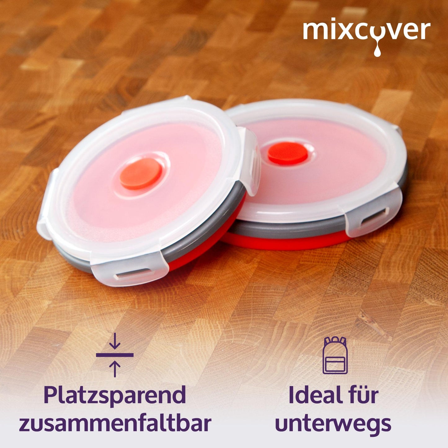 mixcover faltbare Frischhaltedose mit Deckel aus Silikon Bentobox Brotdose Lunchbox Picknick Camping Schüssel BPA-frei platzsparend 500 ml rot - Mixcover - Mixcover