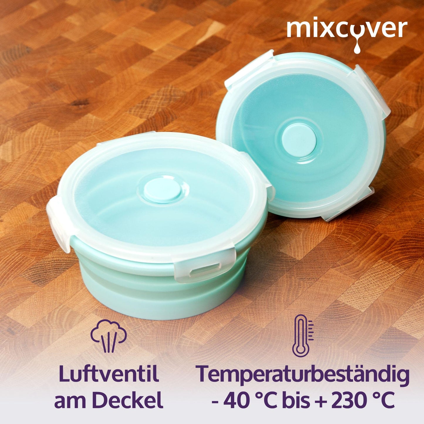 mixcover faltbare Frischhaltedosen Set mit Deckel aus Silikon Bentobox Brotdose Lunchbox Picknick Camping Schüssel BPA-frei platzsparend 250 ml 500 ml grün - Mixcover - Mixcover