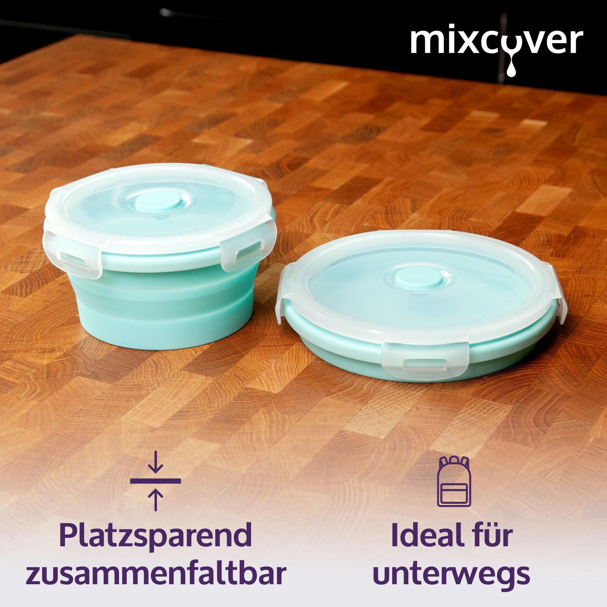 mixcover faltbare Frischhaltedosen Set mit Deckel aus Silikon Bentobox Brotdose Lunchbox Picknick Camping Schüssel BPA-frei platzsparend 250 ml 500 ml grün - Mixcover - Mixcover