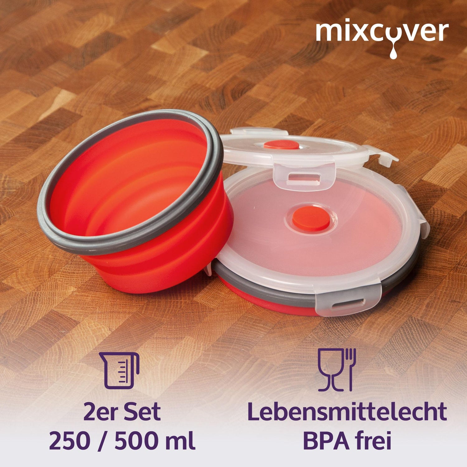 250 Schüssel Deckel - mixcover Bentobox Lunchbox Brotdose ml BPA-frei 500 Mixcover mit Camping rot Set faltbare platzsparend Picknick Silikon Frischhaltedosen aus ml