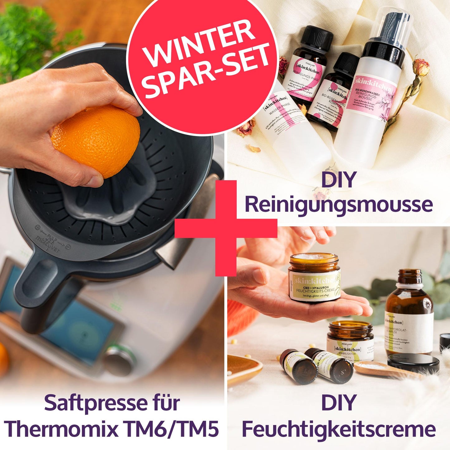 mixcover Saftpresse Entsafter Orangenpresse + DIY Naturkosmetik Set Gesichtscreme & Gesichts-Reinigungsmousse kompatibel mit Vorwerk Thermomix TM6 und TM5, Geschenkidee, Thermomix Zubehör Set - Mixcover - Mixcover