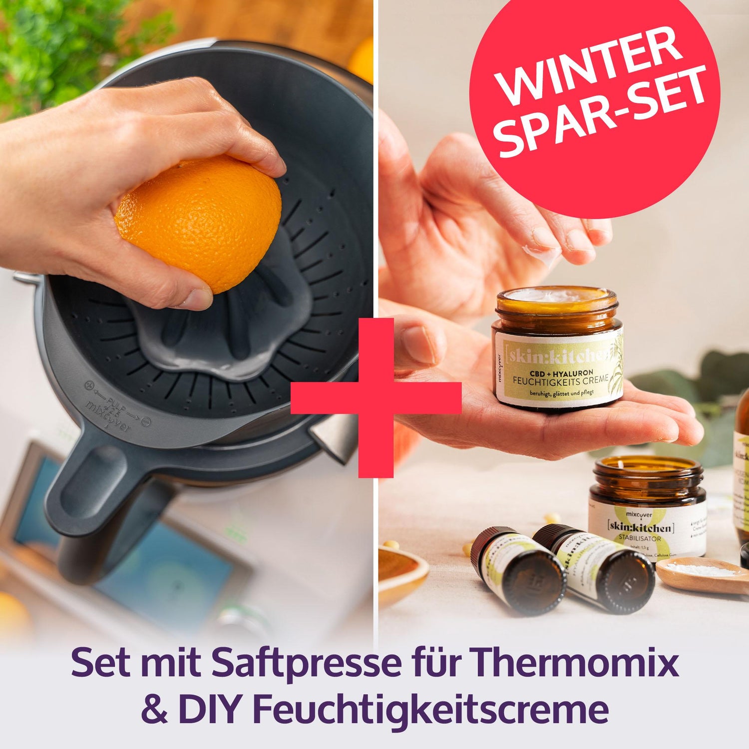 mixcover Saftpresse Entsafter Orangenpresse + DIY Naturkosmetik Set  Gesichtscreme kompatibel mit Vorwerk Thermomix TM6 und TM5, Geschenkidee,  Thermomix Zubehör Set - Mixcover