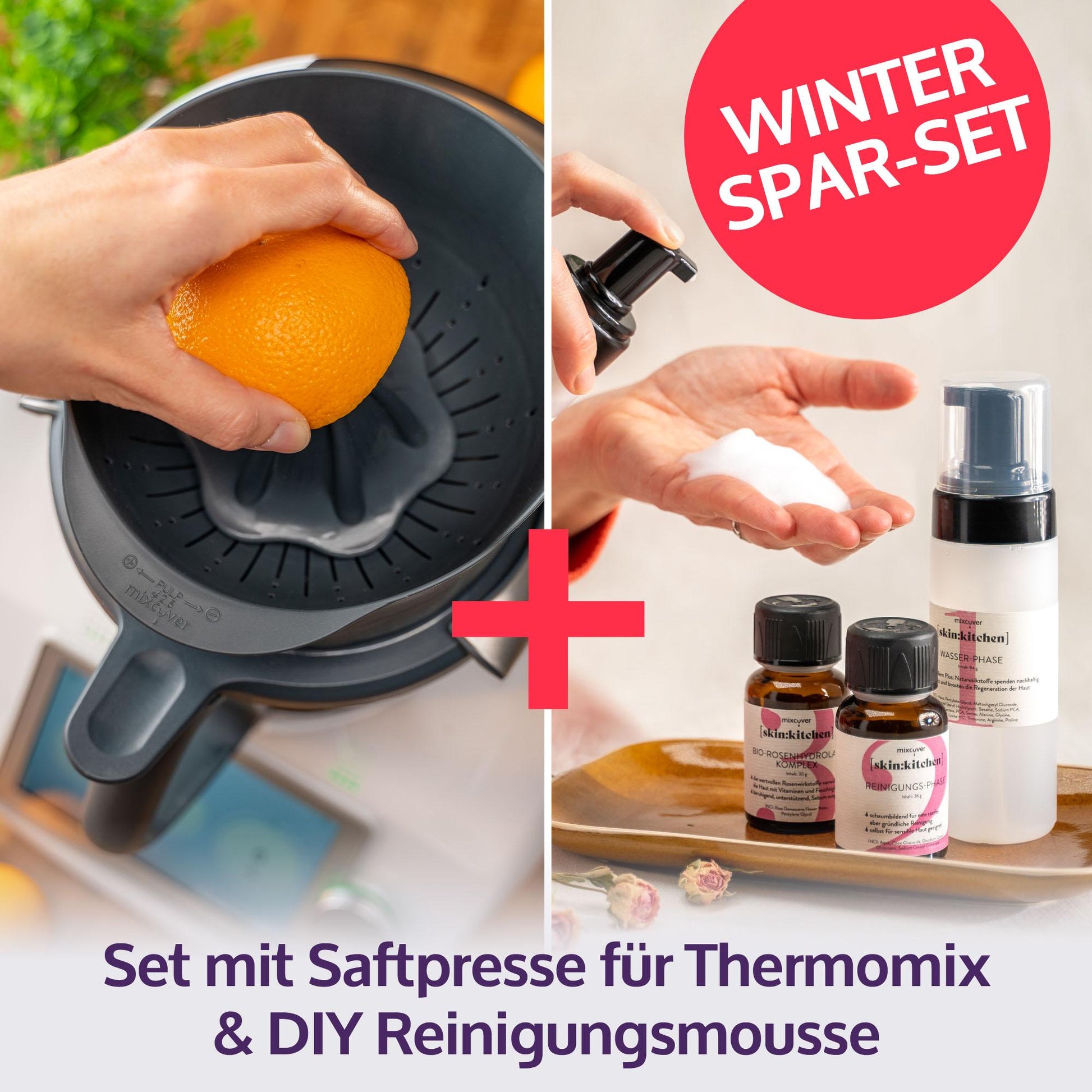 mixcover Saftpresse Entsafter Orangenpresse + DIY Naturkosmetik Set Gesichtsreinigung Reinigungsmousse kompatibel mit Vorwerk Thermomix TM6 und TM5, Geschenkidee, Thermomix Zubehör Set - Mixcover - Mixcover